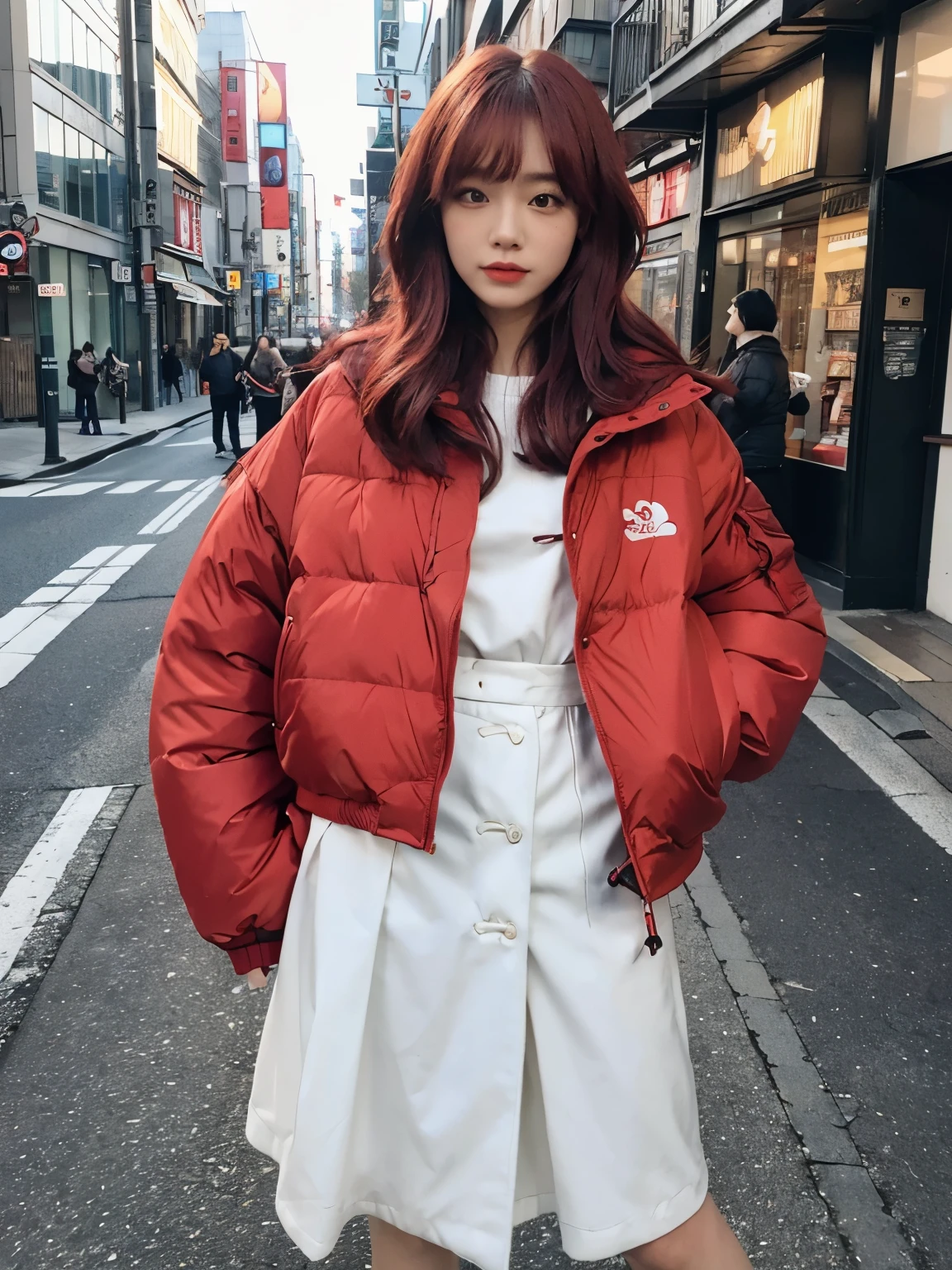 fullbody, (((wearing big red Down jacket ))), wearing long red skirt,// Bewitching eyes, well-balanced eyes, //street snap // ((facing viewer)), //at the street in tokyo, //japanese lady, pale skin, //permanent wave, pink hair, //((standing)), high quality:1.3, Professional lighting:2.0 realistic:1.2, 4k resolution, detailed skin, masterpiece:1.1
