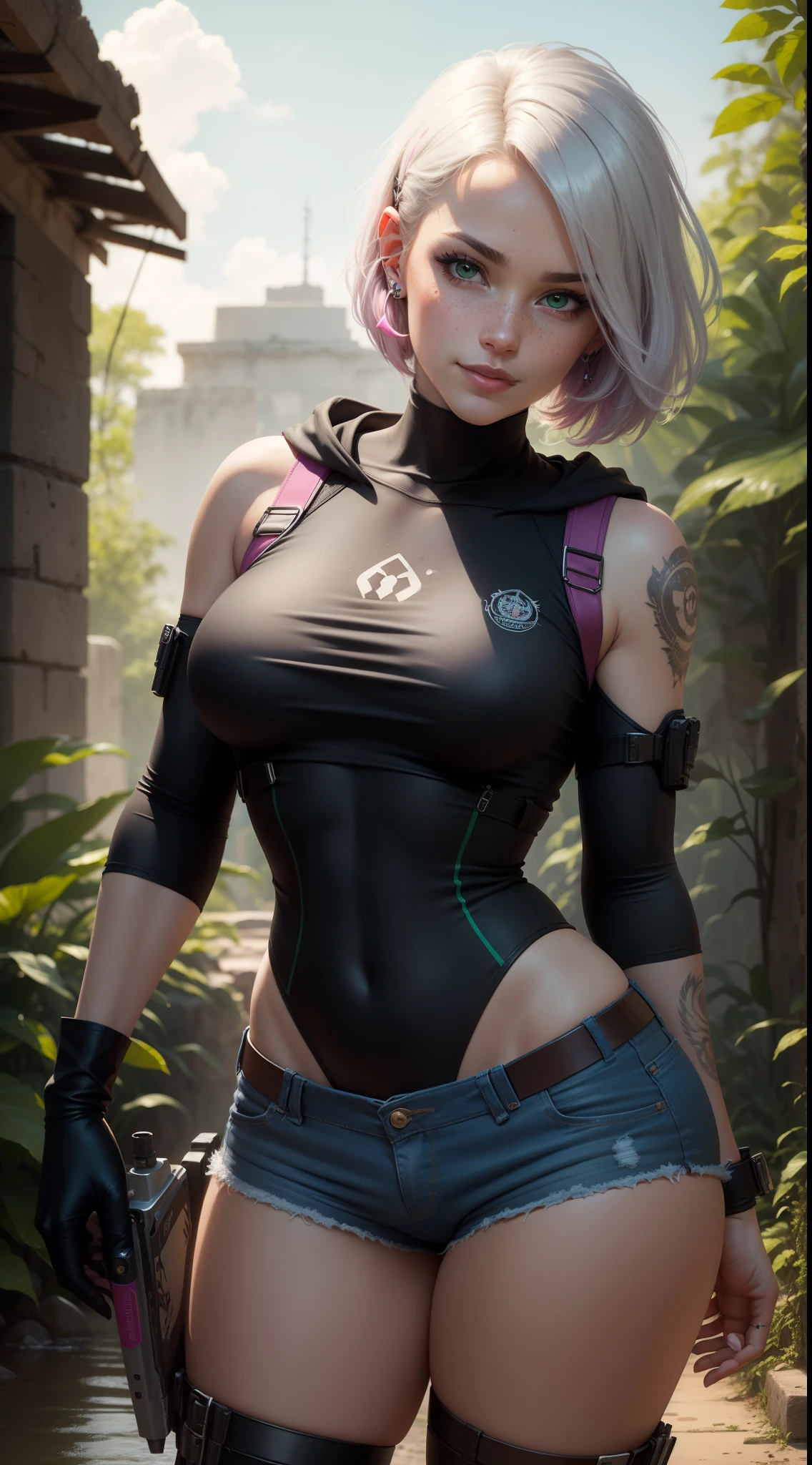 gwen tennyson,yorha 2b,android 18,dva,lara croft,overwatch,tomb raider,close up, mayan jungle ruins,tattoos,purple and pink plugsuit,white short sleeve swat leotard, sleeveless swat hoodie,denim micro shorts,military harness,short hair,punk makeup,green eyes,multicolored silver hair, military gloves,sexy smile,freckles,beautiful girl,thigh high swat boots,large breasts, 8k,ultra detailed,realistic,fantasy art,fighter stance, military uniform,hair pin,ear piercings,(weather:windy),1girl,swat gear,wet shirt,