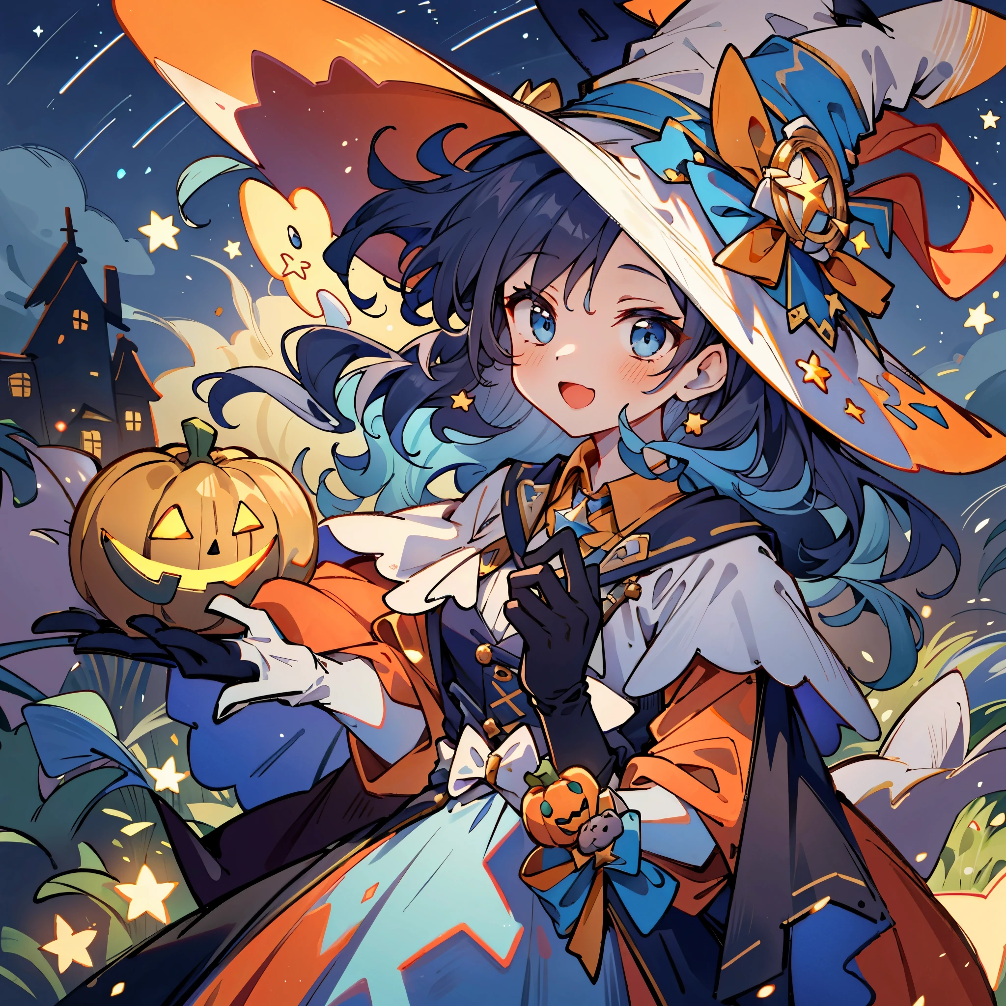 ((masterpiece:1.2, best quality)), 1girl, solo, (witch hat), a close up of a girl with curly hair, dress, aurora, night, star (sky), gloves, sky, dress, night sky, open mouth, starry sky, light blue eyes, ribbons, smile, cape, colorful hair, magic, casting spell, night, (impressionism:1.4), alphonse mucha, Halloween colors, colorful candy, magical lights, pumpkins, candies