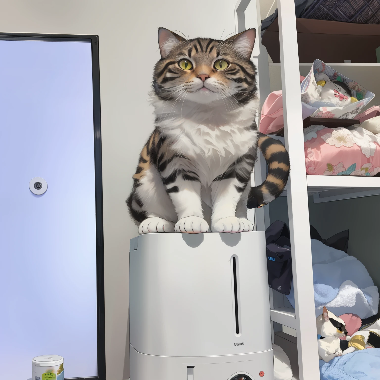 There was a cat sitting on the humidifier in the closet., taken with sony alpha 9, Sitting on a store shelf, standing on the shelf, On the pedestal, On the pedestalหินอ่อน, She's looking at us., there is a cat next to her, act elegantly, cat tower, taken with canon eos 5 d mark iv