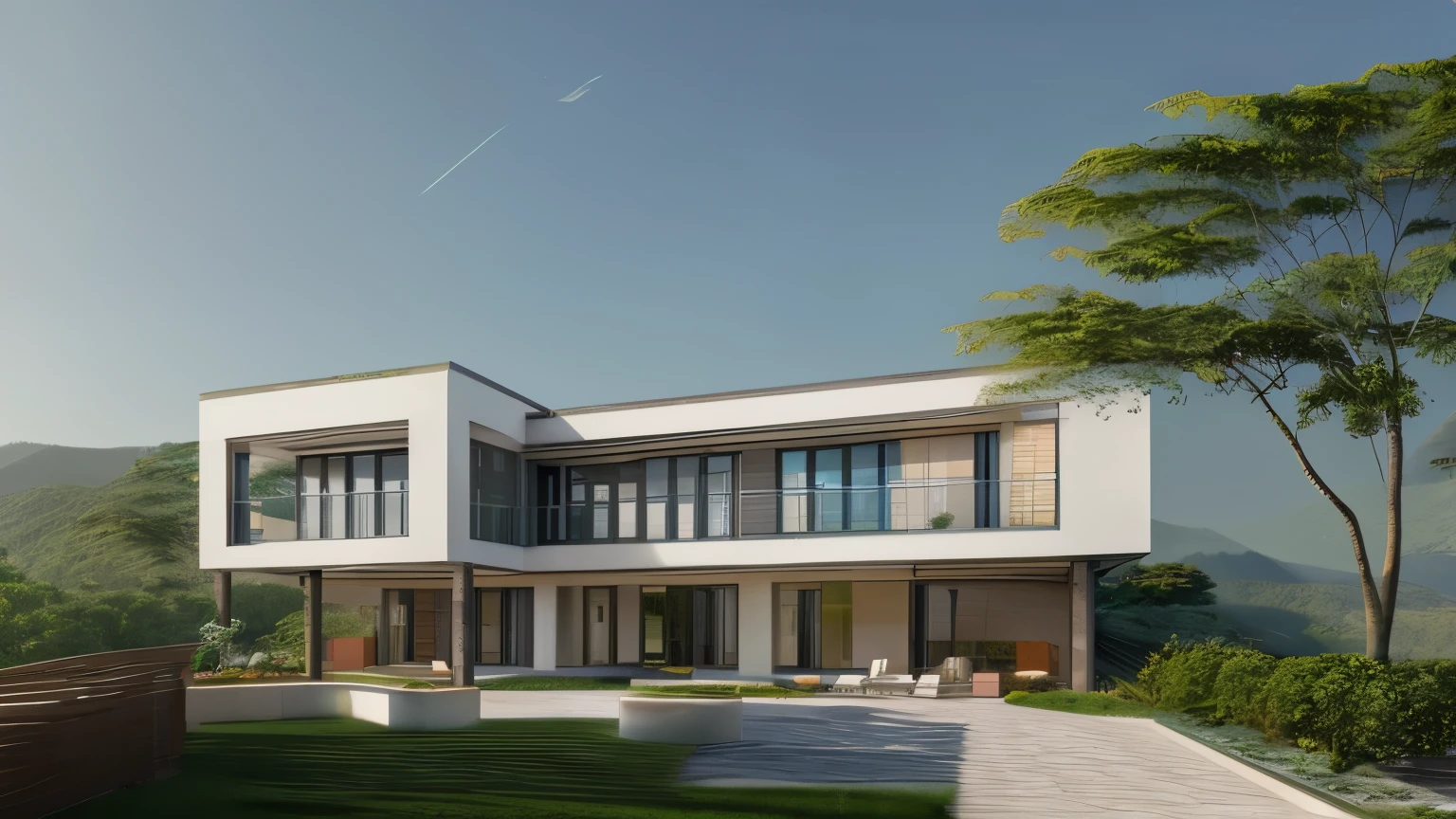 THE BUILDING HAS A CONTEMPORARY ARCHITECTURAL STYLE WITH MOUNTAIN FORESTS IN THE BACK, AVFO AFTERNOON LIGHT, GARDEN LANDSCAPE, SEA LAG VIEW WITH THE SUN.