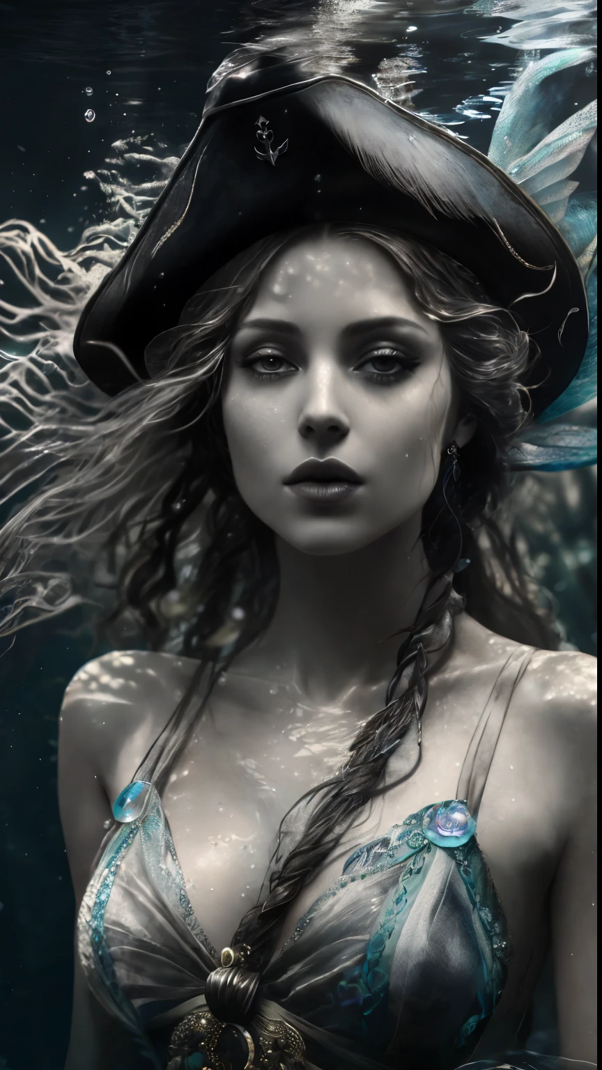 arafed woman in a pirate hat in the water, portrait of a woman underwater, closeup fantasy with water magic, close up portrait shot, karol bak uhd, in water up to her shoulders, closeup portrait shot, underwater face, portrait of mermaid, portrait sophie mudd, editorial portrait, portrait of mermaid warrior, closeup shot, nautical siren