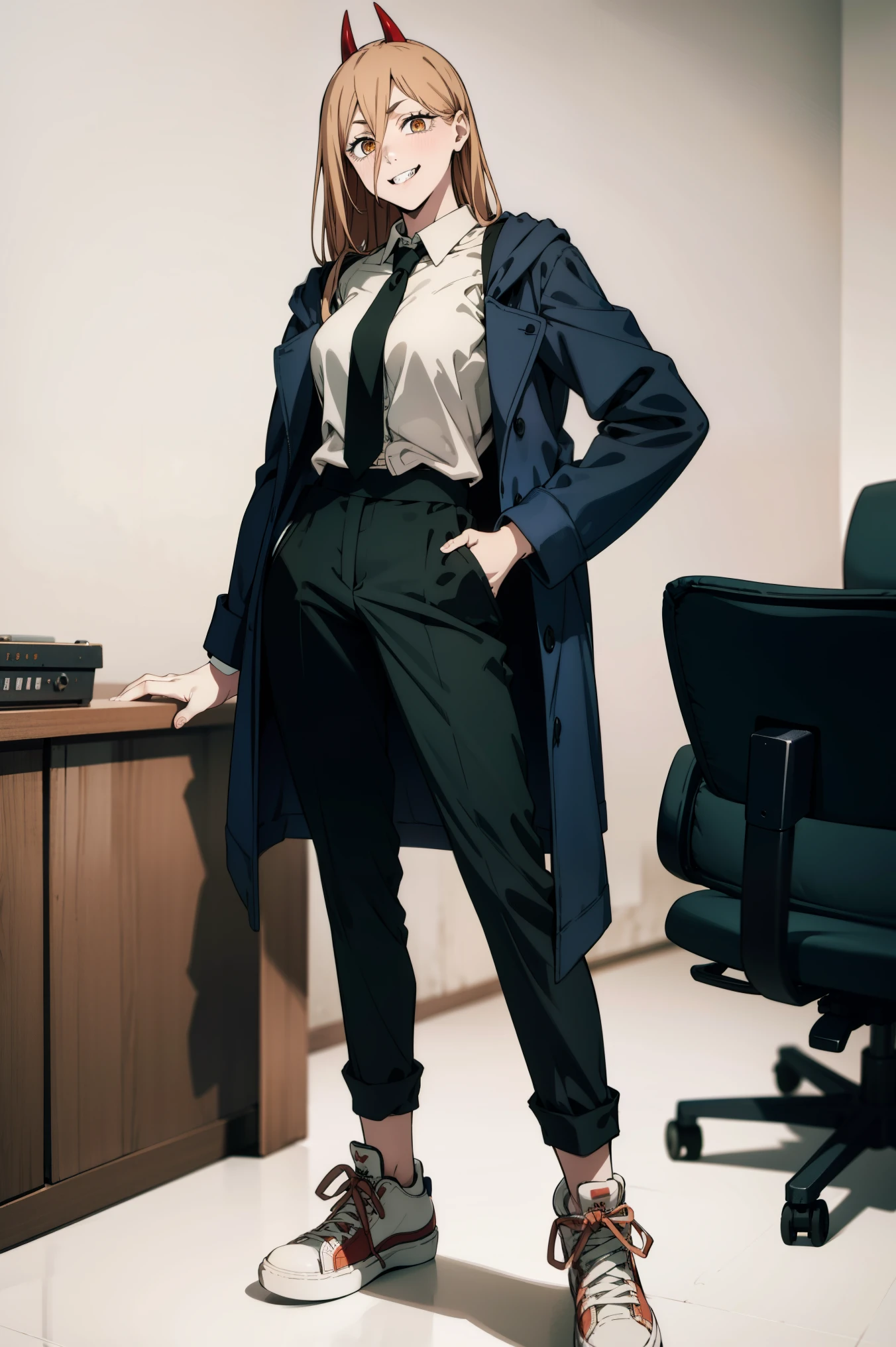 a beautiful woman posing in an office suit, full body, posing with law hands in her pockets, looking at the viewer, sneakers, long hair, horns, smiling, fangs, black coat and tie, shirt untucked,(( white background))