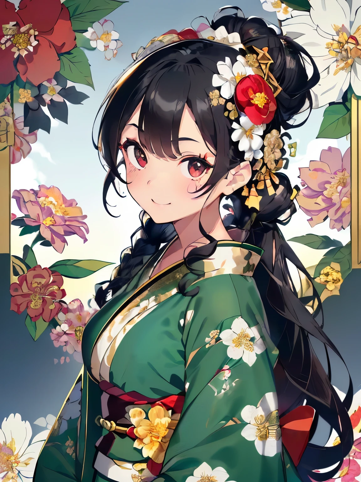 (black hair:1.2),(long hair with curls:1.3),(hair tied up loosely:1.25),(All together:1.3),(black eye:1.4),(Eye size:1.5),(Accessories with flower motifs:1.3),((Kimono fashion:1.4)),(Background full of blooming flowers:1.5),(blush),(upward glance:1.3),(small breasts:1.4),(focus on face:1.3),((look up:1.25)),((View from below:1.3)),(fashion color White、Blue、green 、gold、red:1.3),(smile:1.2),(whole body:1.6)