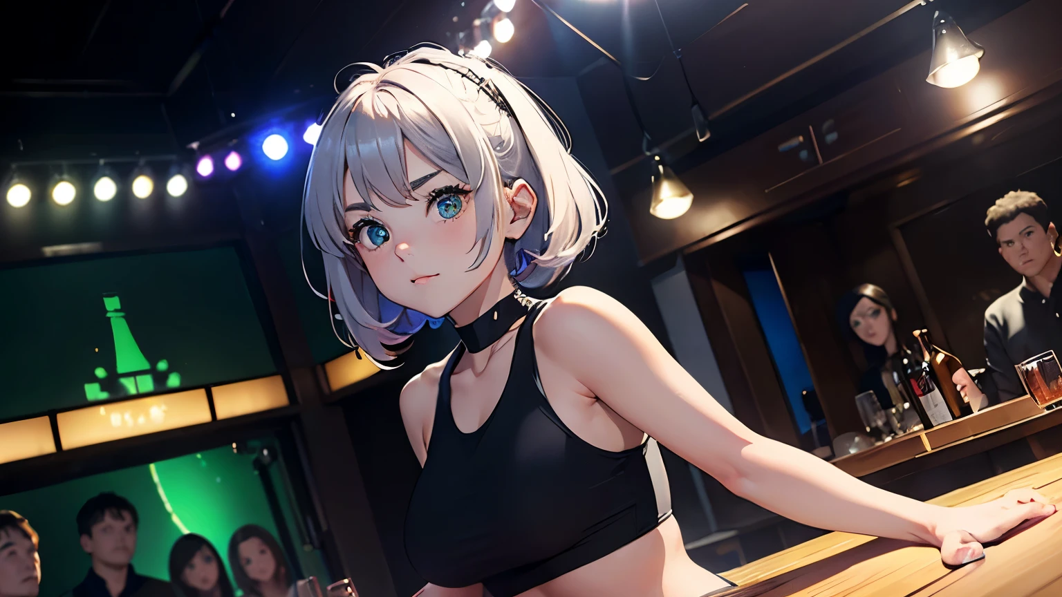 4K, A high resolution, Best quality at best, tmasterpiece, perfect colors, perfect shadow, perfect litthing, ((sportrait)), bright green eyes，With round lenses, The audience watched carefully, (s face: 1.2), Perfect female figure， ((90s crop top)), ((looking and shy at viewert)), (Perfect thick white eyebrows) Delicate fur, 详细s face, s the perfect shy face, At a  in an coffee shop , (Drink a glass of coffee standing), Comfortable background, perfect  decoration, lighting atmosphere, ((Bonifasko lighting)), (The round lenses on his eyes)(詳細な目), Perfect student