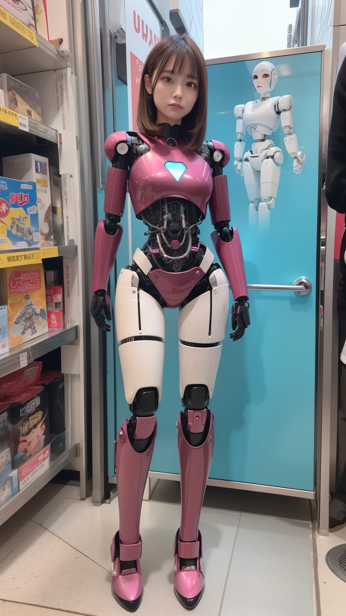 (Photorealsitic:1.4)、one robot woman、(top-quality)、(hyperdetailed face)、(Super well-formed face)、(Robot Parts)、(Female-Robot)、(25 years-old)、(Blue)、(pink there)、(Burgundy)、(metallic)、(full-body)、(sexy pose)、(Slender body)、(Model body type)、(full body mech)、(mechanical exposure)、(Akihabara)、(is looking at the camera)、(A dark-haired)、(Well-proportioned lady)、(a small face)、(a small head)、(well-groomed fingers)、(Idol)、(front facing)、(Standing with legs open)、(Photo session)、(Looks sad)、(perfect-female-robot)、(perfect-mechanical-body)