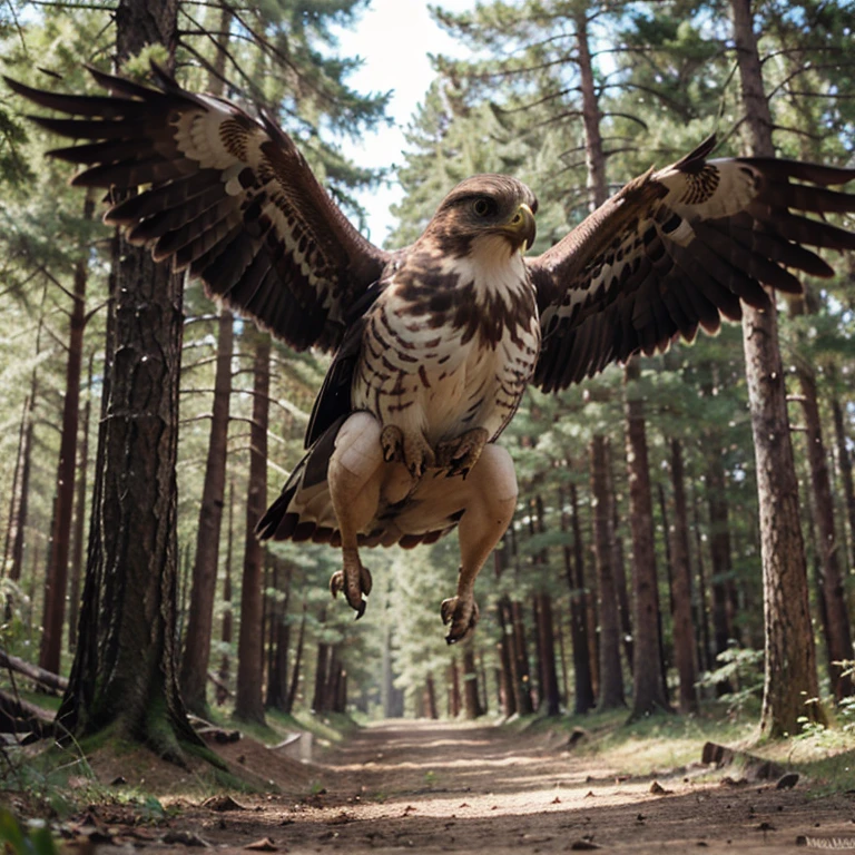 Overweight hawk flying in a forest