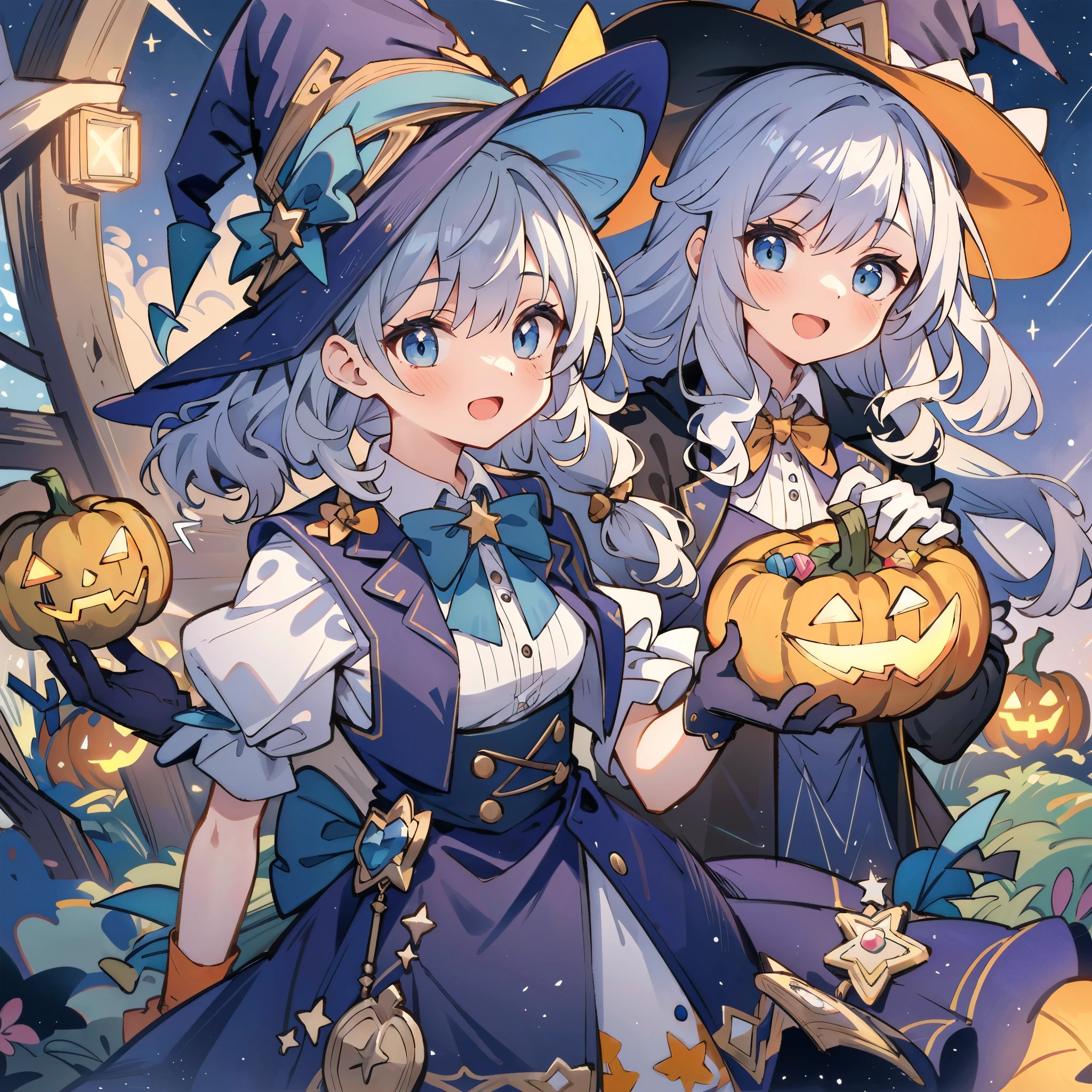 ((masterpiece:1.2, best quality)), 1girl, solo, (witch hat), a close up of a girl with curly hair, dress, aurora, night, star (sky), gloves, sky, dress, night sky, open mouth, starry sky, light blue eyes, ribbons, smile, cape, colorful hair, magic, casting spell, night, (impressionism:1.4), alphonse mucha, Halloween colors, colorful candy, magical lights, pumpkins, candies