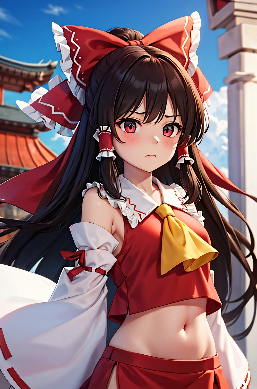 super fine illustration,vibrant colors, masterpiece, sharp focus, best quality, depth of field, cinematic lighting, ultra detailed, blush, annoyed, navel, tummy, midriff, belly button, ceiling, shrine maiden, hakurei reimu, 1girl, hair bow, ascot, hair tubes, miko, detached sleeves, looking down, red shirt, red skirt, long hair, dark brown hair,