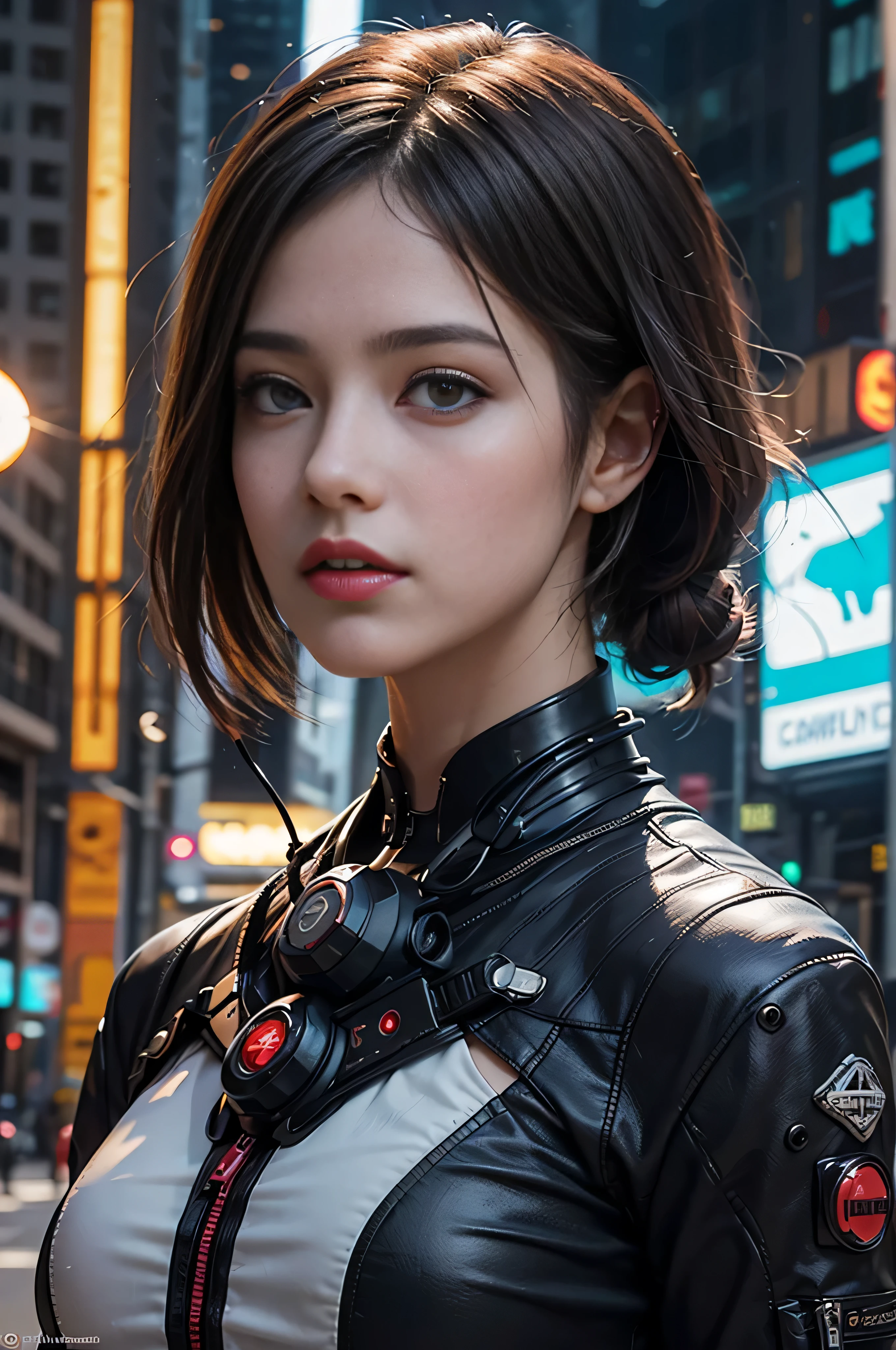 of the highest quality, masutepiece, Ultra High Resolution, ((Photorealistic: 1.4), Raw photo, 1 Cyberpunk Girl, Glossy skin, 1 Mechanical Girl, (super realistic details)), Mechanical limbs, Tubes connected to mechanical parts, Mechanical vertebrae attached to the spine, Mechanical cervical attachment to the neck, Wires and cables connecting to the head, Evangelion, Ghost in the Shell, Small glowing LED lamp, global lighting, Deep Shadows, Octane Rendering, 8K, ultrasharp, Metal, Intricate decoration details, Baroque style details, high intricate detailed, Realistic light, Trends in CG, Facing the camera, neon details, (android factory on background), Art by H.r. Giger and Alphonse Mucha. 、Highly photorealistic human beings、Perfectly round pupils、More on the amazing pupil iris、White teenage girl、Slightly baby-faced、a small face、Very human skin feel、ﾘｱﾙAreola、ﾘｱﾙ、fissure、A 14-year-old girl、full body Esbian、7headed body、with round face、(Not a crushing eye)、Rocket-shaped big、
