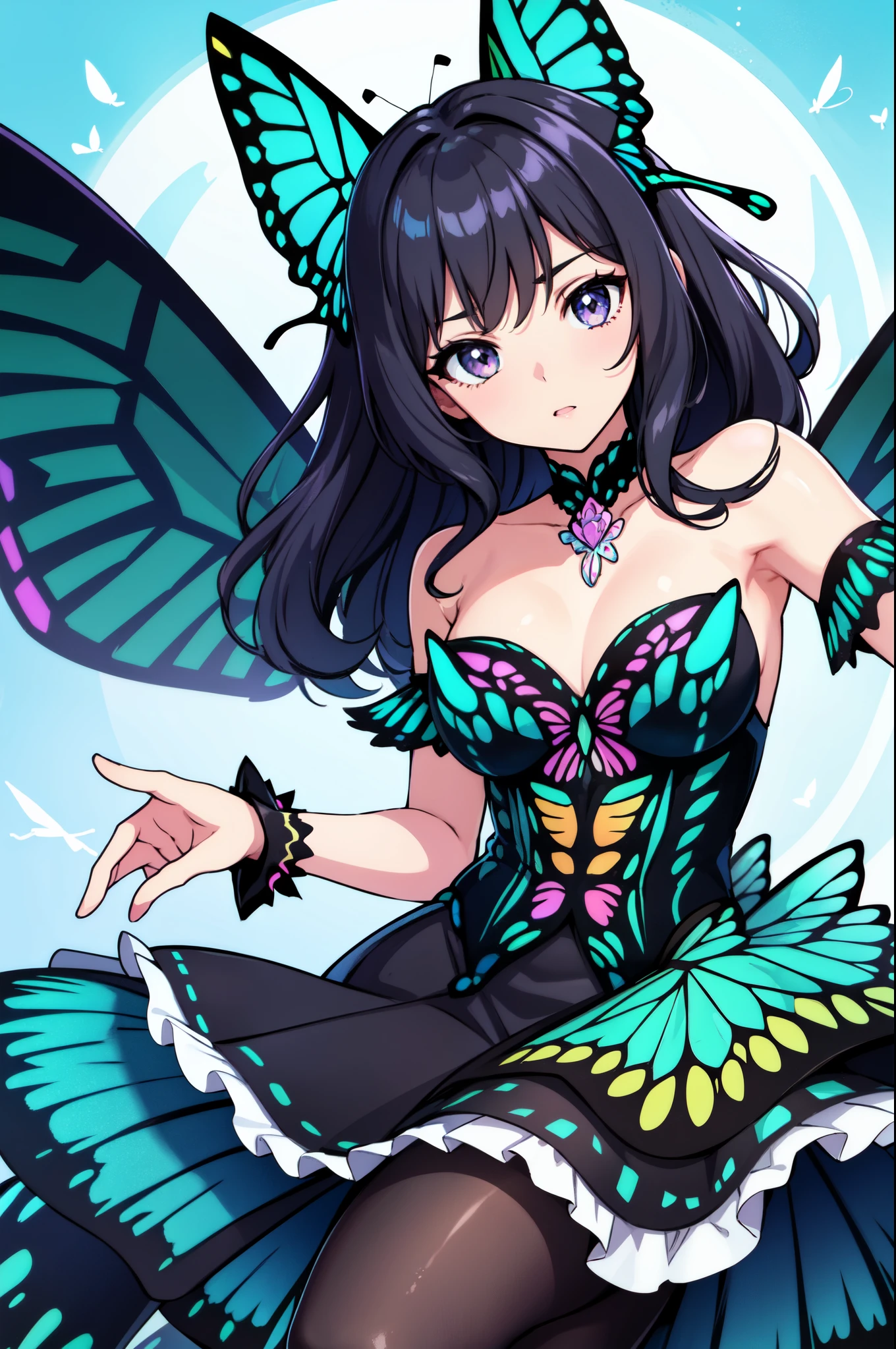 NSFW,One girl,hair band、Black Dress、Frills、Black gloves、Elbow Gloves、Butterfly Wings,Small breasts,(Perfect hands),(Perfect Anatomy),(masterpiece),(highest quality),Bad Smile,Embarrassed,blush,(wilderness:1.5),ruins