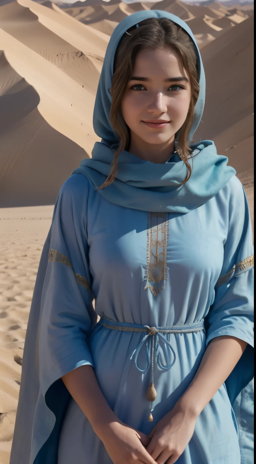Foto hiperrealista en primer plano de Kelsey Asbille, Create dystopian masterpieces, in a full cover bedouin costume (blue tunic) on the desert, beautiful woman, skinny, large big breasts, black long hair, detailed face, smile, facing the camera, photo taken from a distance, age of 25 years old