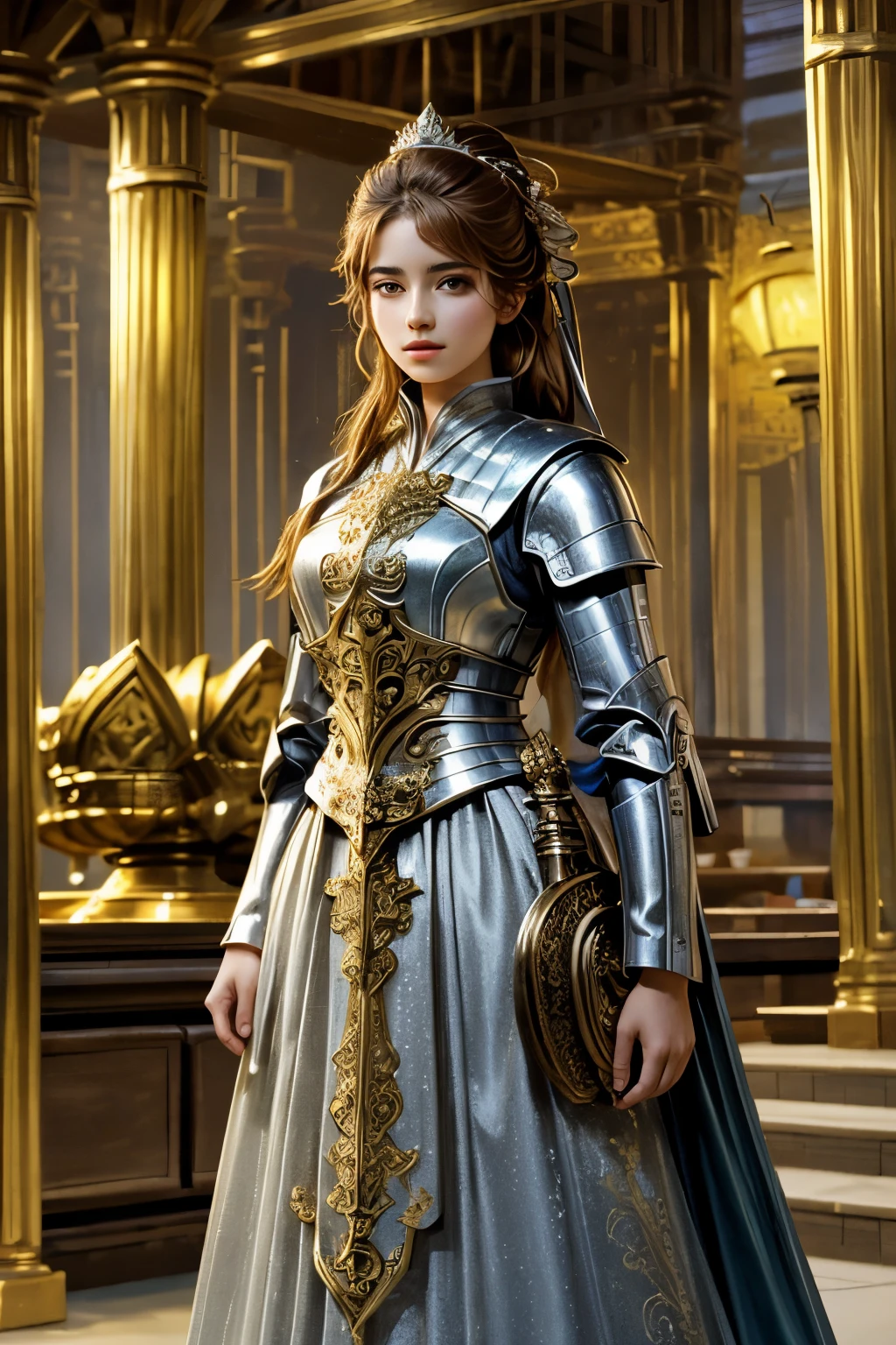 masterpiece, best quality, realistic,  1girl, solo,  pagoda, intricate background, knight costume,  