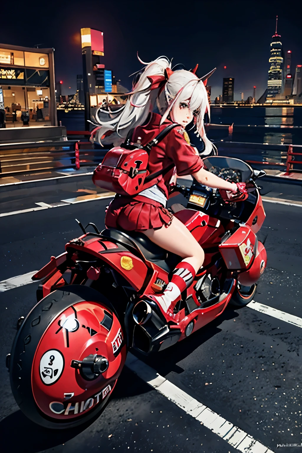 official art, unity 8k wallpaper, ultra detailed, beautiful and aesthetic, masterpiece, best quality, realistic, horns, blush, long hair, white hair, streaked hair, red eyes, hair bow, mole under eye,  red akirabike, riding bike, night, cyberpunk city view, epic screen, school uniform,