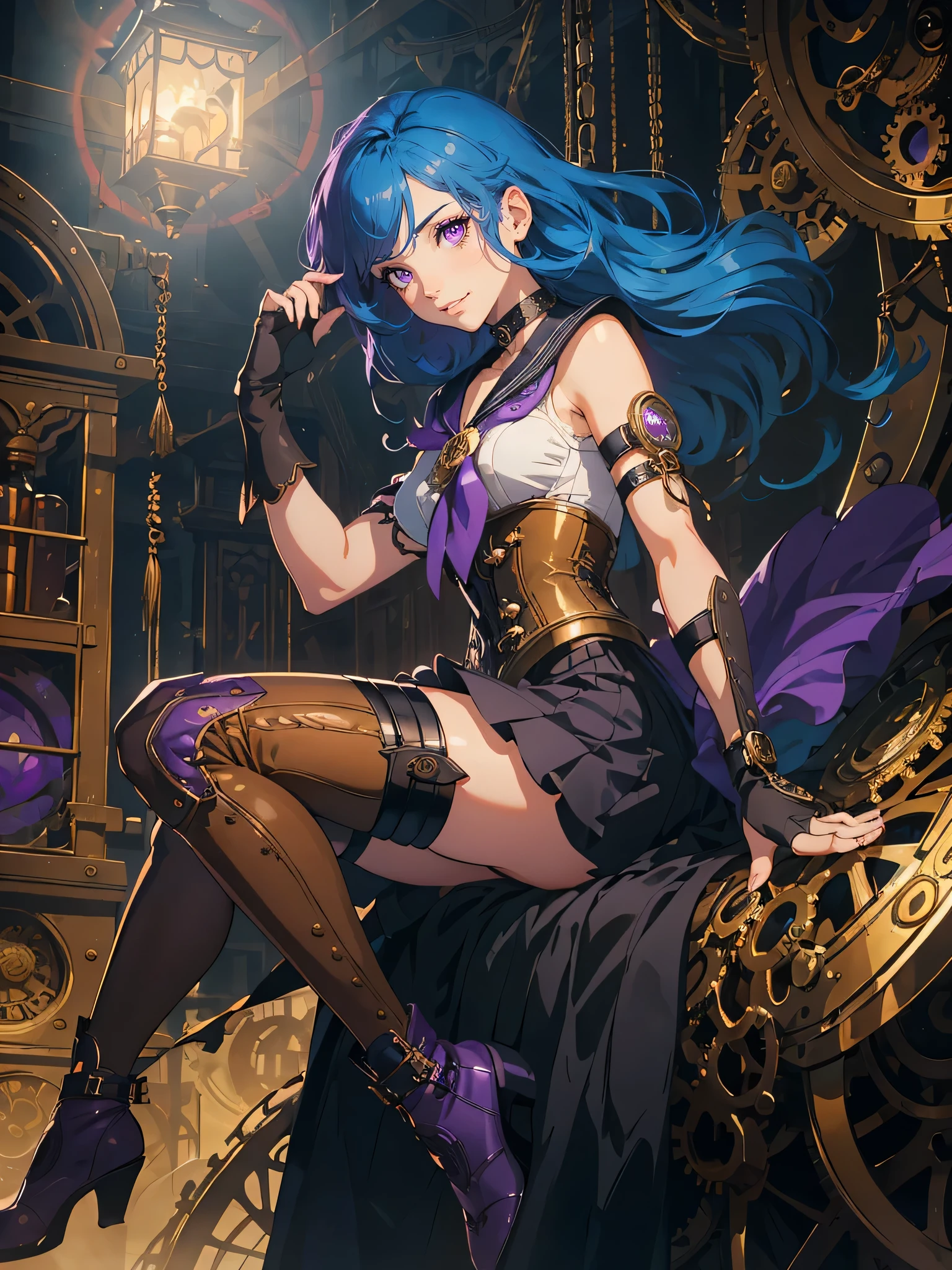 masterpiece, high quality, illustration, extremely detailed, steampunk town, wearing on street, 1_women, (bright blue hair), medium length hair, cute bangs, flowing hair, (exotic skin_complexion:1.4),mature, tall, beautiful, exotic, elegant, slim, (((sailor collar))), black thigh highs, choker, medium bust, (brown steampunk corset), black ta style skirt, knee high brown boots with laces, black elegant elbow gloves, diamond shaped eyes, (((purple eyes))), dark_eyeliner, long_eyelashes), natural dynamic lighting, smiling, happy, steampunk