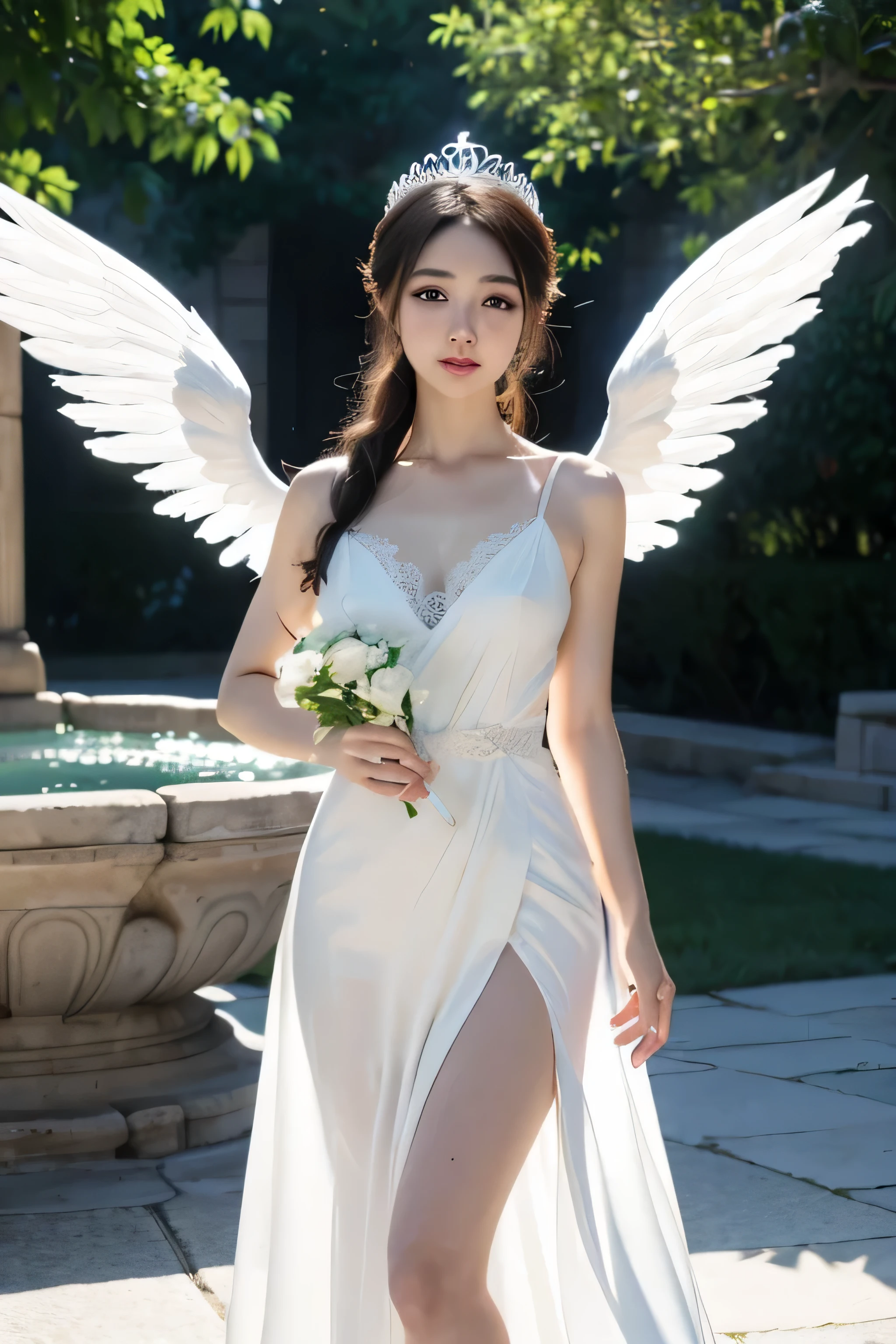 Ancient Greek ruins where only pillars remain、Walk in front of the fountain、full body figure、8K、real photos、ultra high resolution, master parts, highest quality, ticker , cinematic images,nice girl、Ann、16 only、Annグロサクソン、double eyelid、droopy eyes、very big eyes、green eyes、dark eye shadow、, fine eyes, Very difficult,lips are very thin、The nasal muscles stretch beautifully、the nostrils are very small、 shiny skin , パーフェクトブリリAnnト, perfect sentence, dramatic shadow ,white tiara on head、Greek see-through white dress、Chestrap、breasts are very big、Small white angel wings behind shoulders 、High Heel Glass Shoes、lace white gloves、holding a bouquet of white flowers with both hands、White see-through veil from the back of the head
