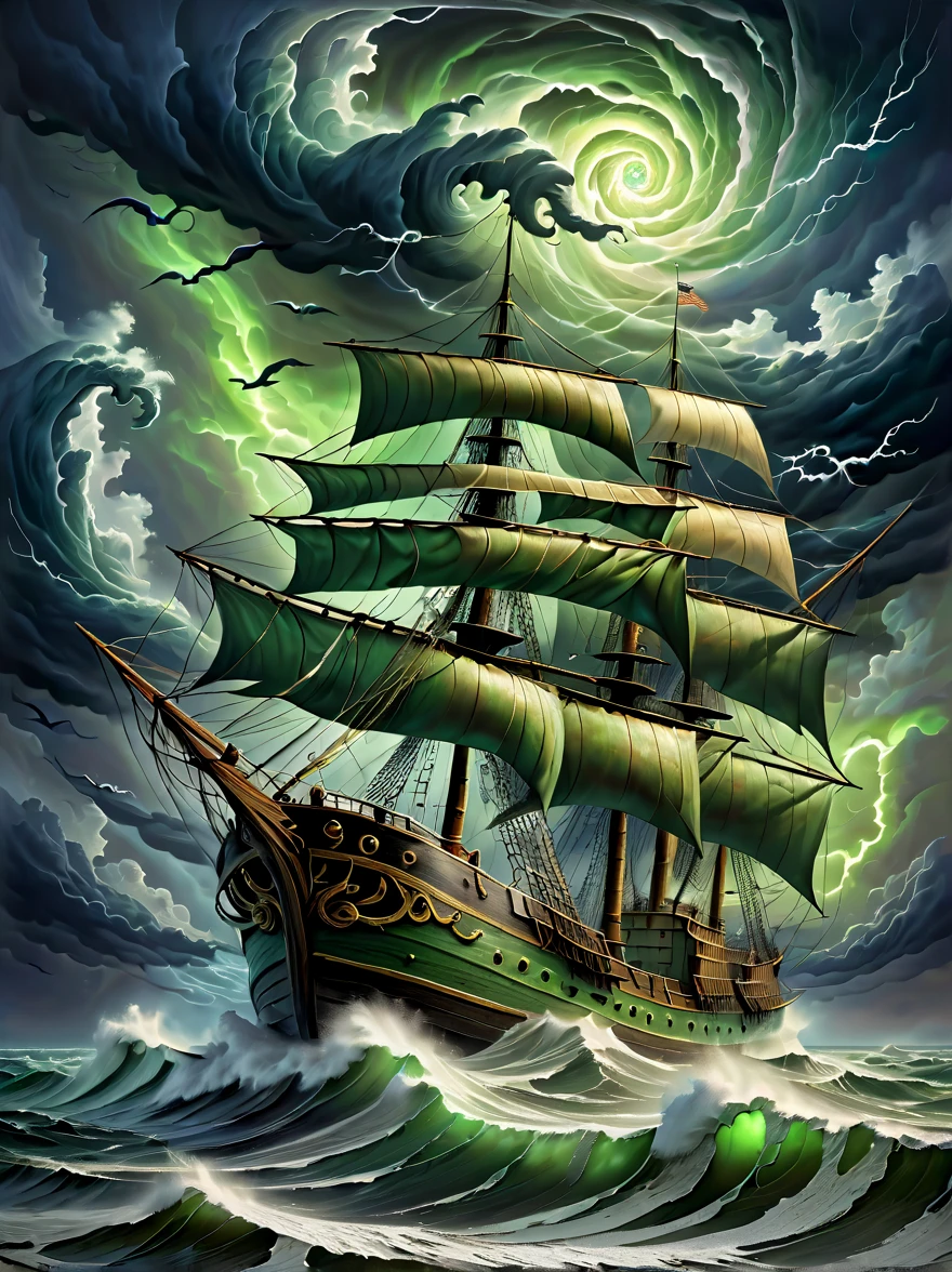 A detailed oil painting，((Depicts an old captain steering his ship through a storm))。Salt water splashed on his weathered face，His eyes are full of determination。((Above, swirling malevolent clouds can be seen))，Rough waves threaten to swamp ships，while seagulls dive and swirl among the chaotic landscape。Thunder and lights are heard in the distance，(illuminates the scene with an eerie green glow)。