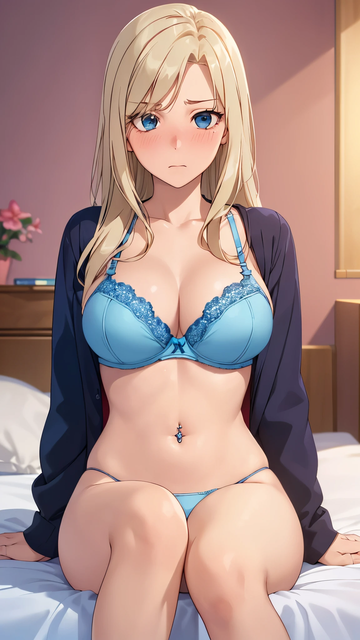 ((masterpiece, highest quality, High resolution, UHD, perfect pixel, Depth of bounds written, 4K, rtx, HDR))), 1 girl, single, alone, beautiful anime girl, beautiful art style, anime character, ((long hair, parted bangs, blonde hair)), ((blue eyes:1.4, round eyes, realistic eyes)), ((eyelash, ultra-detailed eyelash, smooth eyelash)), ((detailed face, blush:1.2)), ((smooth texture:0.75, realistic texture:0.65, realistic:1.1, Anime CG style)), big breasts, dynamic angle, perfect body, ((Sit on the bed)), ((bra、panties、navel piercing、NSFW)), ((expression of dislike)), ((Bedroom)), ((sit with legs wide apart))