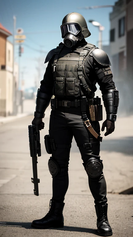 Muscular, Man, Black Military Helmet, Black military gas mask, black military uniform, black military armor, black military jeans, black military boots