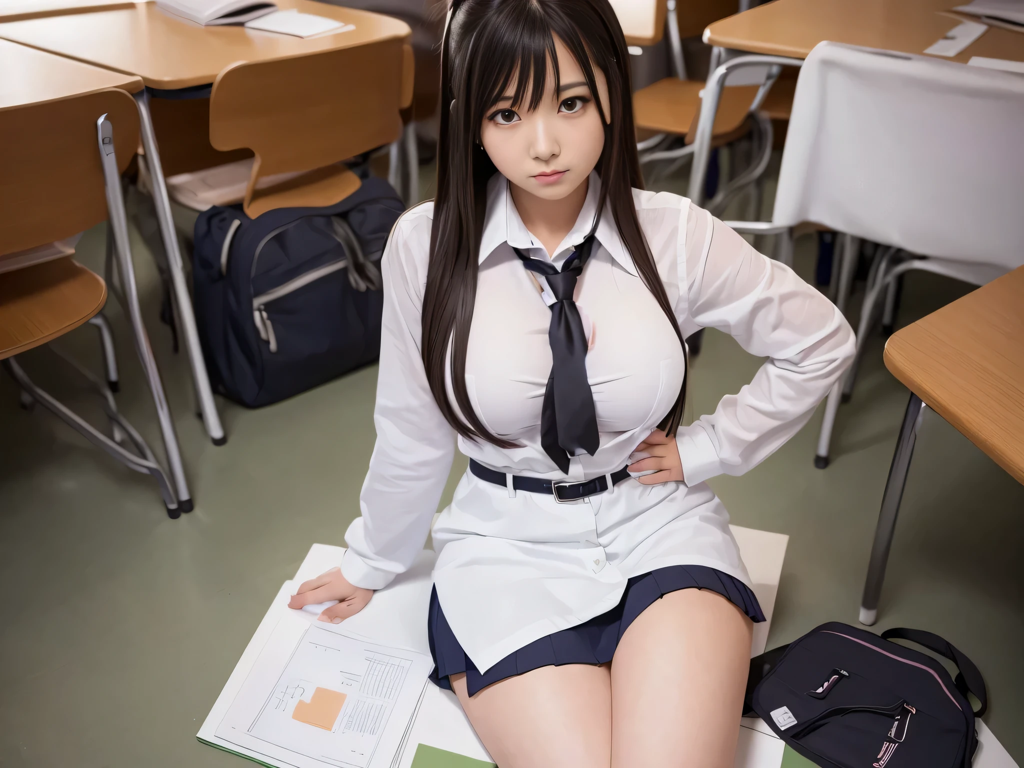 Japanese cute girl (19 years old, big breasts), wear high with white shirts and blue mini skirt and white baggy socks, nsfw, (spread pussy:1.3), embarrassed,blush,at class room