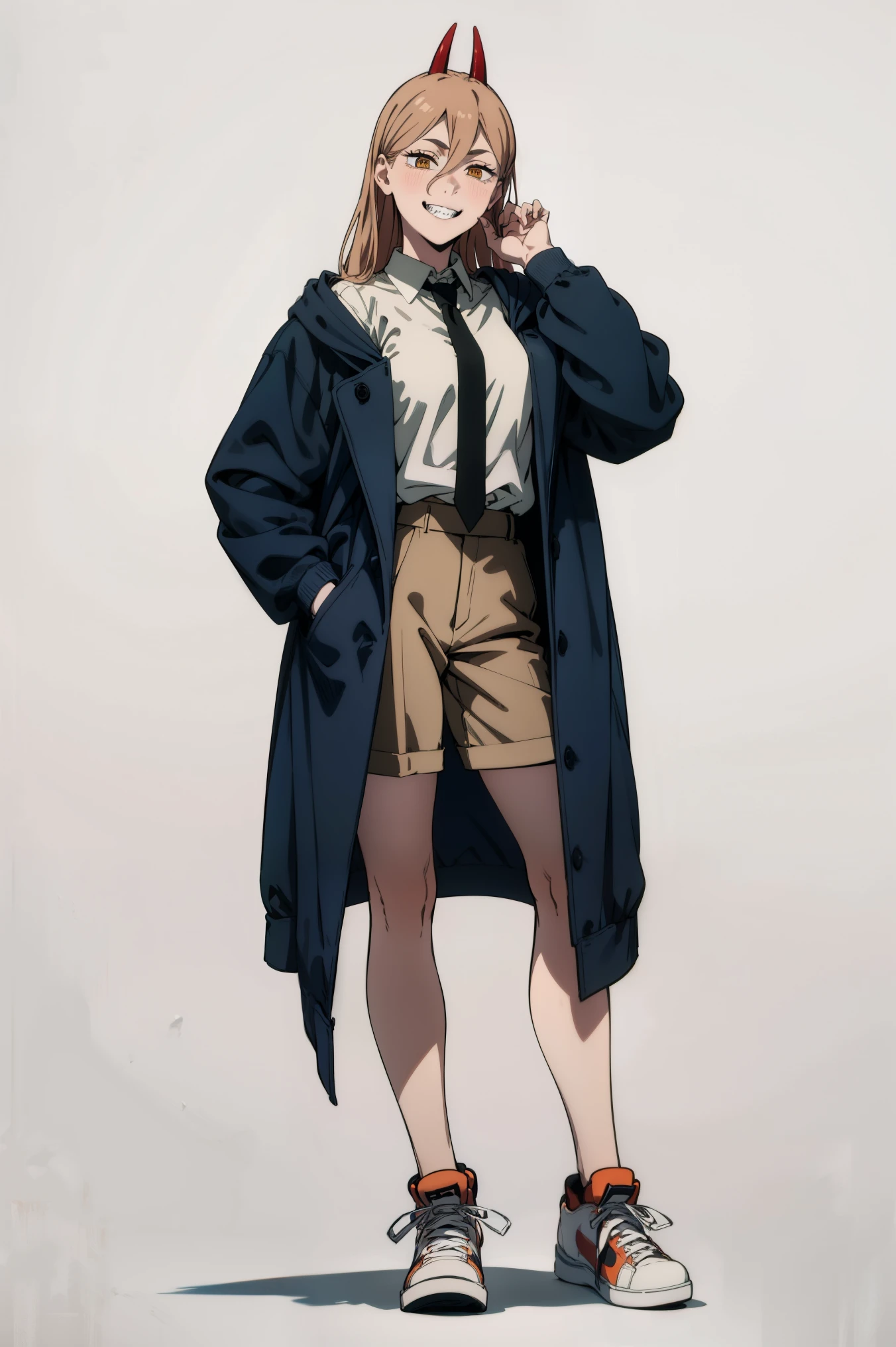 a beautiful woman posing in an office suit, full body, posing with law hands in her pockets, looking at the viewer, sneakers, long hair, horns, smiling, fangs, black coat and tie, shirt untucked,(( white background))