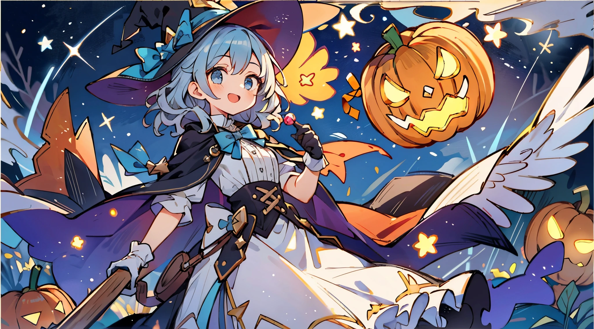 ((masterpiece:1.2, best quality)), 1girl, solo, (witch hat), a close up of a girl with curly hair, dress, aurora, night, star (sky), gloves, sky, dress, night sky, open mouth, starry sky, light blue eyes, ribbons, smile, cape, colorful hair, magic, casting spell, night, (impressionism:1.4), alphonse mucha, Halloween colors, colorful candy, magical lights, pumpkins, candies