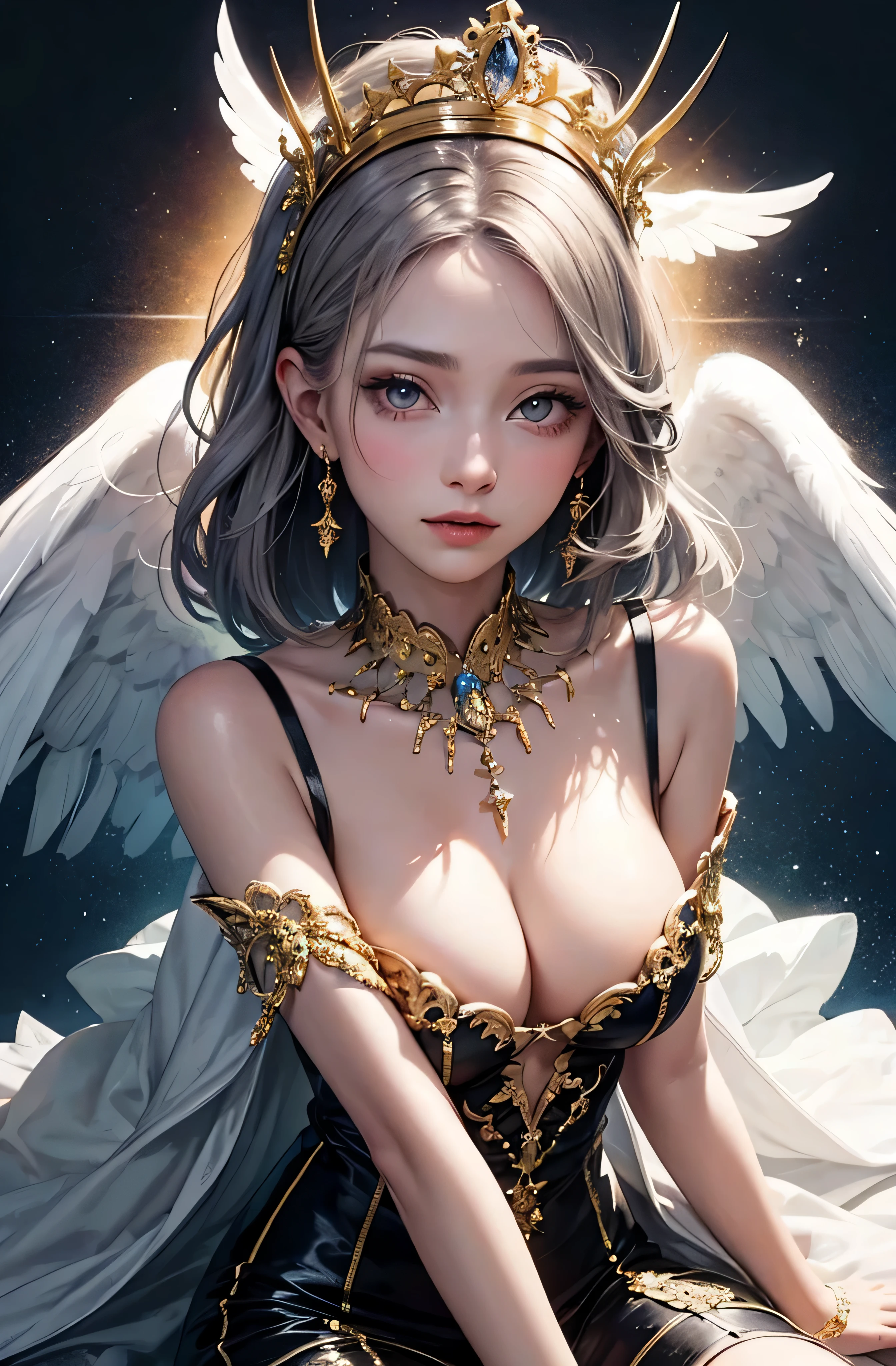 castle in the distance、face is in front、look at the camera、profile、8K、real photos、ultra high resolution, master parts, highest quality, ticker , cinematic images,nice girl、Ann、 only、Annグロサクソン、double eyelid、droopy eyes、very big eyes、eyes are purple、dark eye shadow、lips are very thin、The tip of your nose grows beautifully.....................................................、small nose,,,,, very detailed , silver hair、straight short hair、smile、 sweet expression 、very big (:1.9)、very clear shadows , jewelry , fine eyes, Very difficult, shiny skin , パーフェクトブリリAnnト, perfect sentence, dramatic shadow、white tiara on head、gold necklace around neck、White aristocratic dress with gold embroidery、glass high heels、Angel White Wings