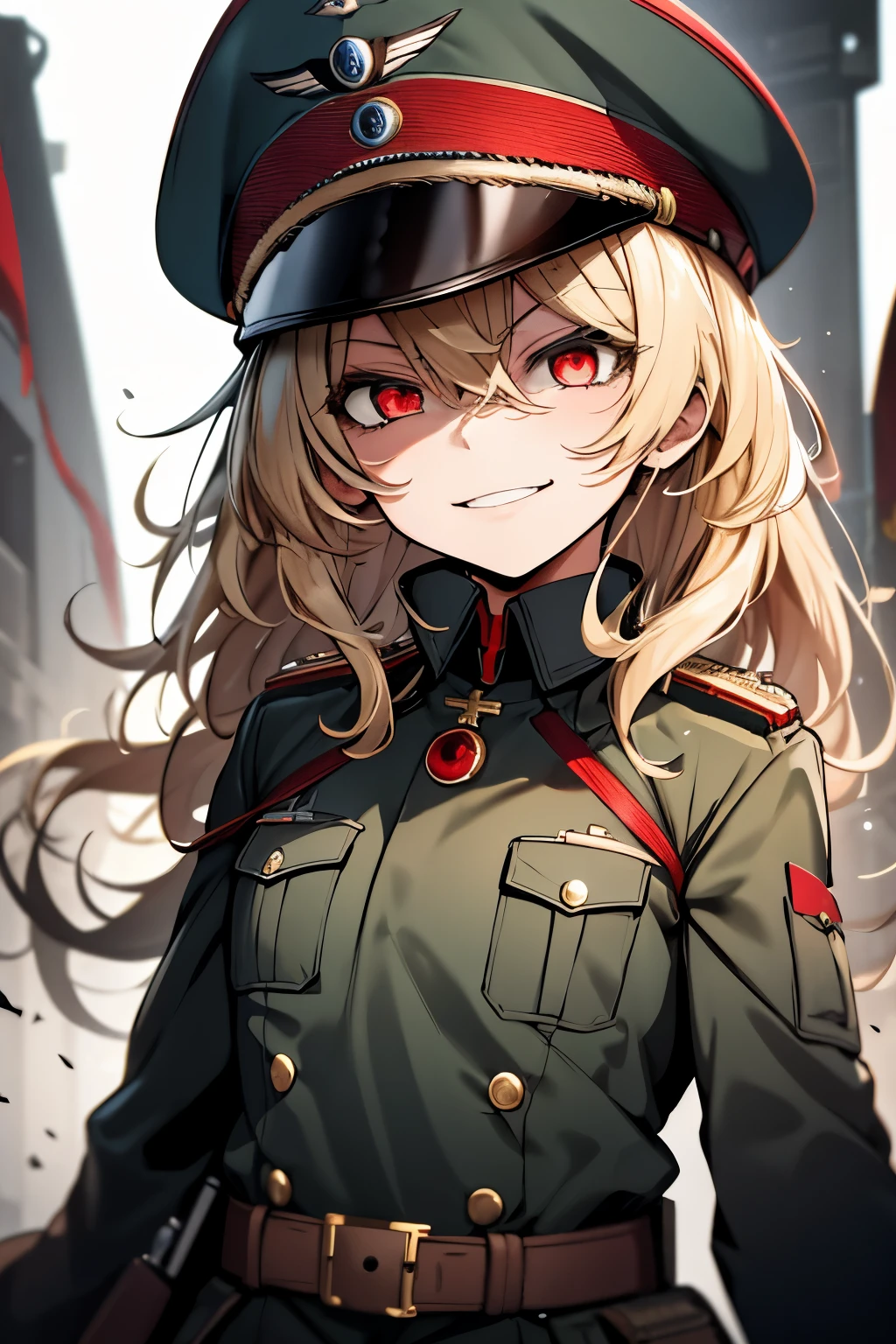 (masterpiece, best quality: 1.1), 1girl solo, tanya, 1girl, solo, , flat chest, small breasts, curvy, military, military uniform, ,, evil smile, wicked expression, anger, red eyes, neutral lighting