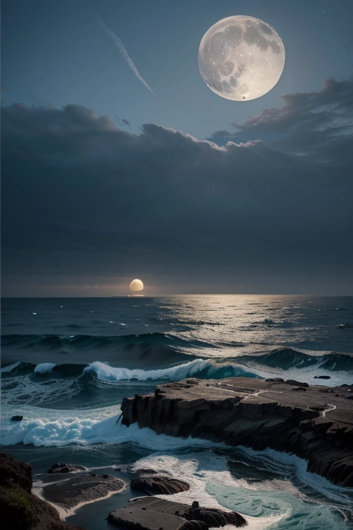 Breathtaking seascape illustration showing a moonlit night on the coast. The wind is strong and constant., Making waves crash against rocks and cliffs. in the street, Viewers can see bright, White light of full moon reflecting on water surface. The atmosphere is dramatic and intense., Reminds me of a famous poem. "wind blowing from the sea" (The sea breeze blows constantly，Zhang Yuejiao(Jiang Yuezhao)is still empty). Created using traditional oil or acrylic painting techniques, The movement and power of the sea, We focus on capturing the quiet beauty of the moon... --AR 16:9 --v 4