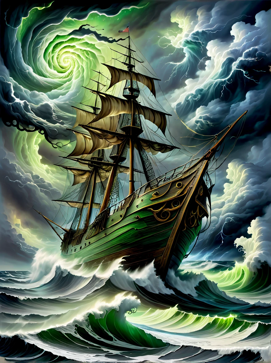 A detailed oil painting,((Depicts an old captain steering his ship through a storm))。Salt water splashed on his weathered face,His eyes are full of determination。((Above, swirling malevolent clouds can be seen)),Rough waves threaten to swamp ships,while seagulls dive and swirl among the chaotic landscape。Thunder and lights are heard in the distance,(illuminates the scene with an eerie green glow)。