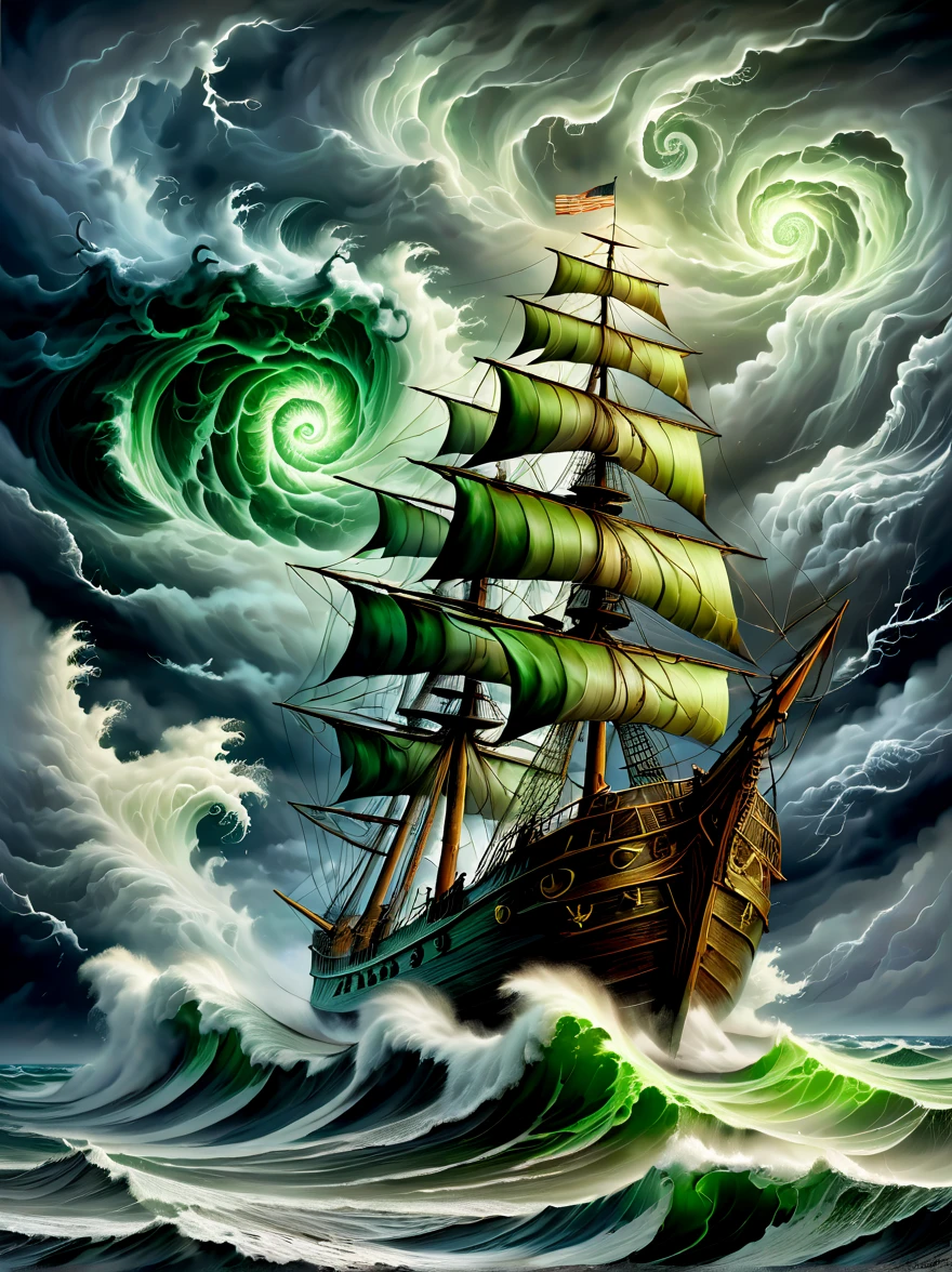 A detailed oil painting,((Depicts an old captain steering his ship through a storm))。Salt water splashed on his weathered face,His eyes are full of determination。((Above, swirling malevolent clouds can be seen)),Rough waves threaten to swamp ships,while seagulls dive and swirl among the chaotic landscape。Thunder and lights are heard in the distance,(illuminates the scene with an eerie green glow)。
