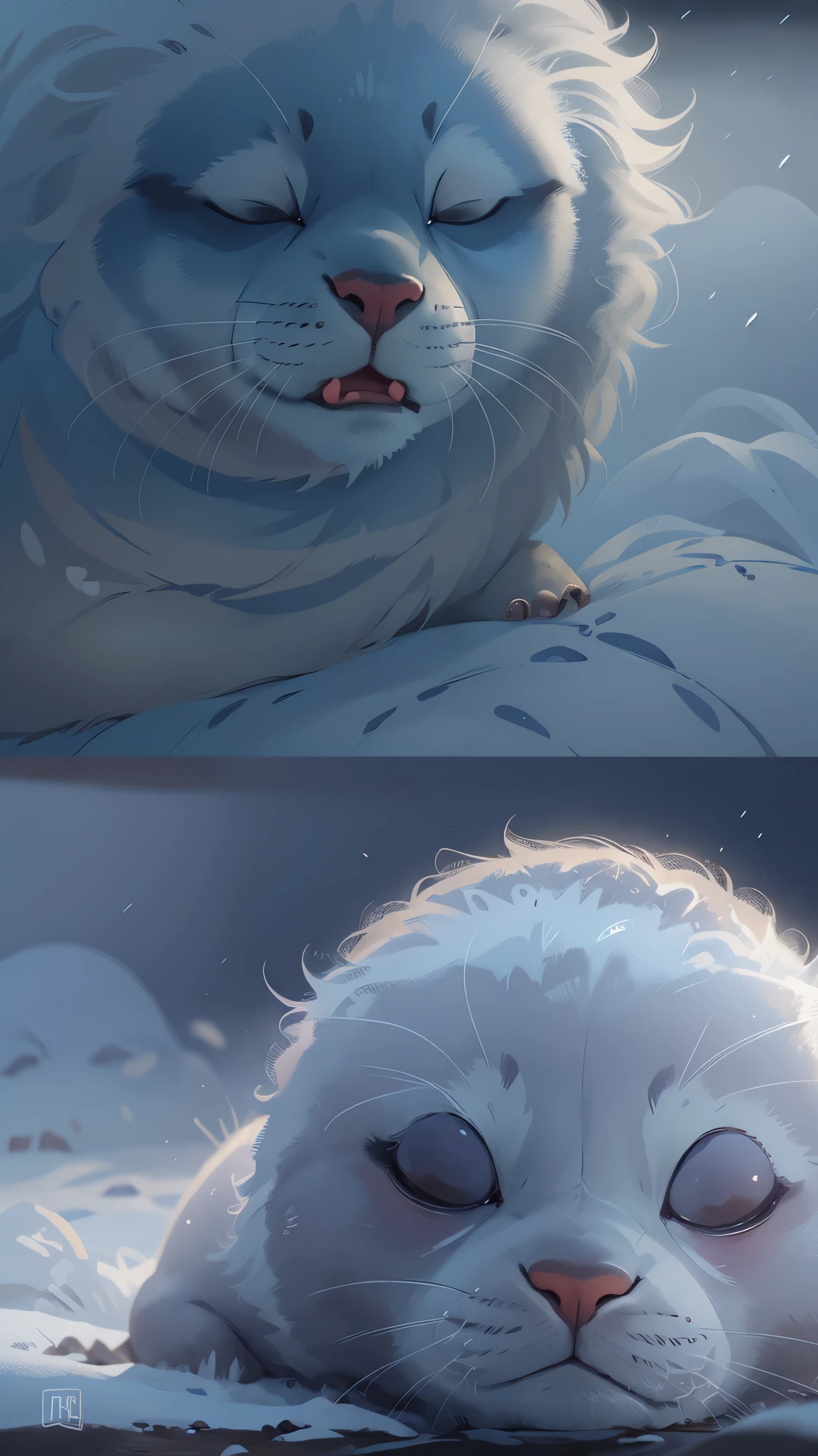 wild animals,Pixar style, seal,At rest,sleep,best quality, Lovely,stills, In Antarctica,A world of ice and snow,cinematic dramatic lighting, Cool colors,Very happy,smooth gray fur,high detail,Super details,high quality, masterpiece, precise,sharp focus, (Perfect reality and extreme details), Stunning fine details, dramatic lighting,