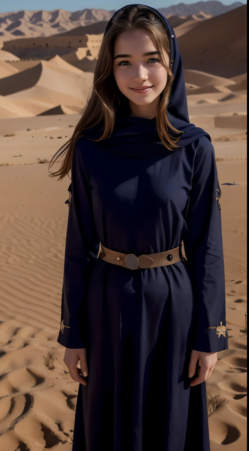 Foto hiperrealista en primer plano de Willa Fitzgerald, Create dystopian masterpieces. in a full cover bedouin bedouin costume (navy long tunic) on the desert, beautiful woman, skinny, small breasts, straight brown hair, detailed face, smile, photo taken from a distance, age 20 tears old