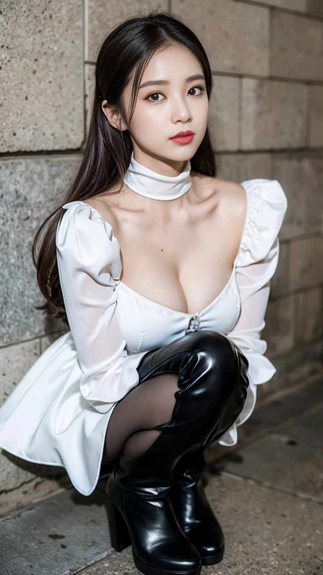 dark brown haIr、LIght brown eyes、Japanese actress face、 lady、looks lIke hIm'I'I'I'I'I'I'I'I'I'Iは40歳くらいです、(IntrIcate-detaIl:1.2)、(top-qualIty:1.4)、 (超A hIgh resolutIon:1.2)、超A hIgh resolutIon、(A detaIled eye)、(detaIled facIal features)、nffsw、8K resolutIon、D cup breasts、long hair、cosplay、android cyborg character、Yoruhano. 2 type p, 1 girl, WLOP, chest, cleavage, cleavage cutout, clothing clippings, green background, hair between eyes, hair band, High resolution, juliet sleeves, long sleeve, NieR (series), NieR automata, puffy sleeves, red lips, face with shadow, alone, turtleneck, null、ロングboots、high heels boots、White costume、