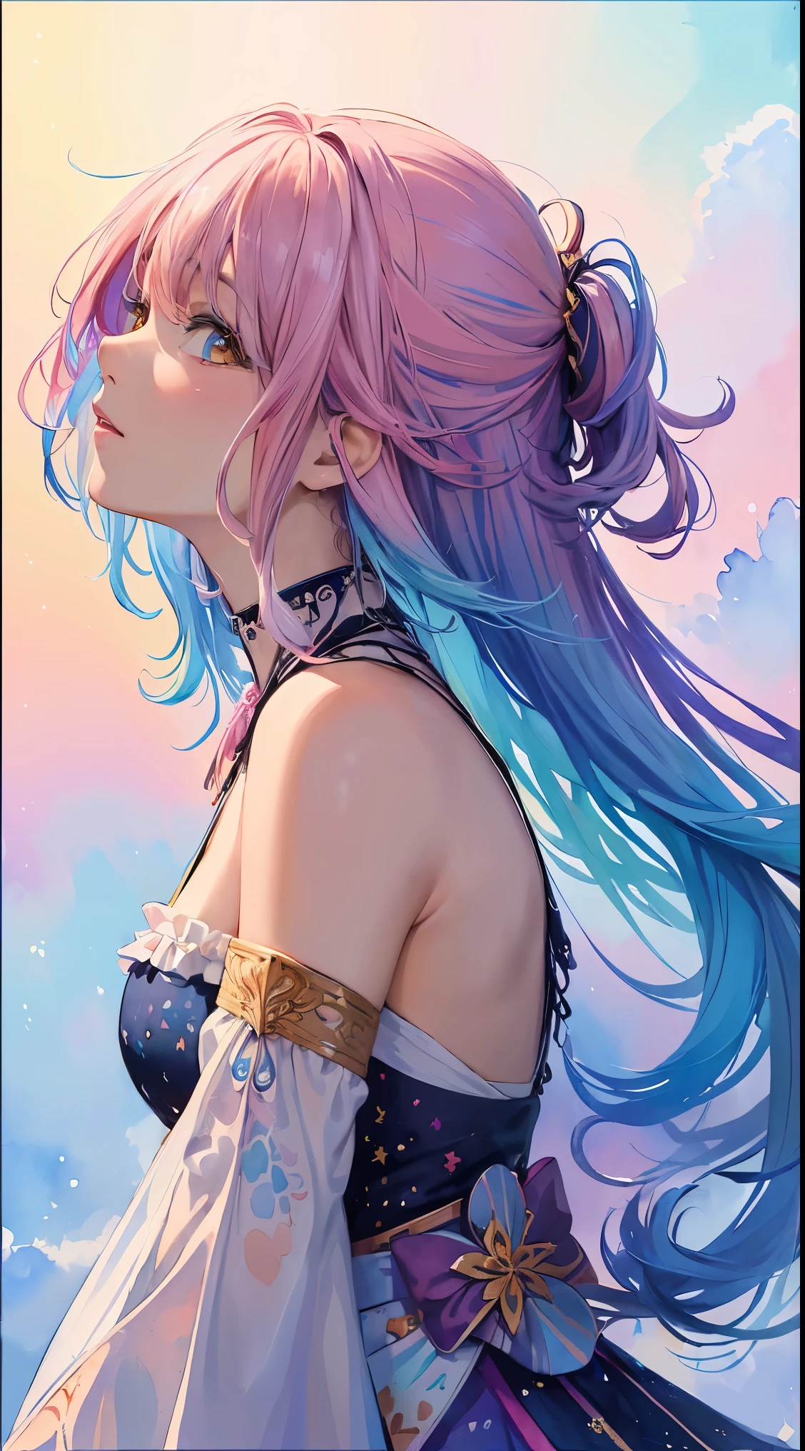 (8k,masterpiece, highest quality, highest quality,watercolor (Moderate),official art, beautiful and aesthetic:1.3),(1 girl:1.3), (fractal art:1.5),Upper body, From the side, looking at the viewer,pattern,(rainbow color hair,colorful hair,half blue and half pink hair:1.2),water,liquid, cloud,colorful, Starry,premiere,Rea