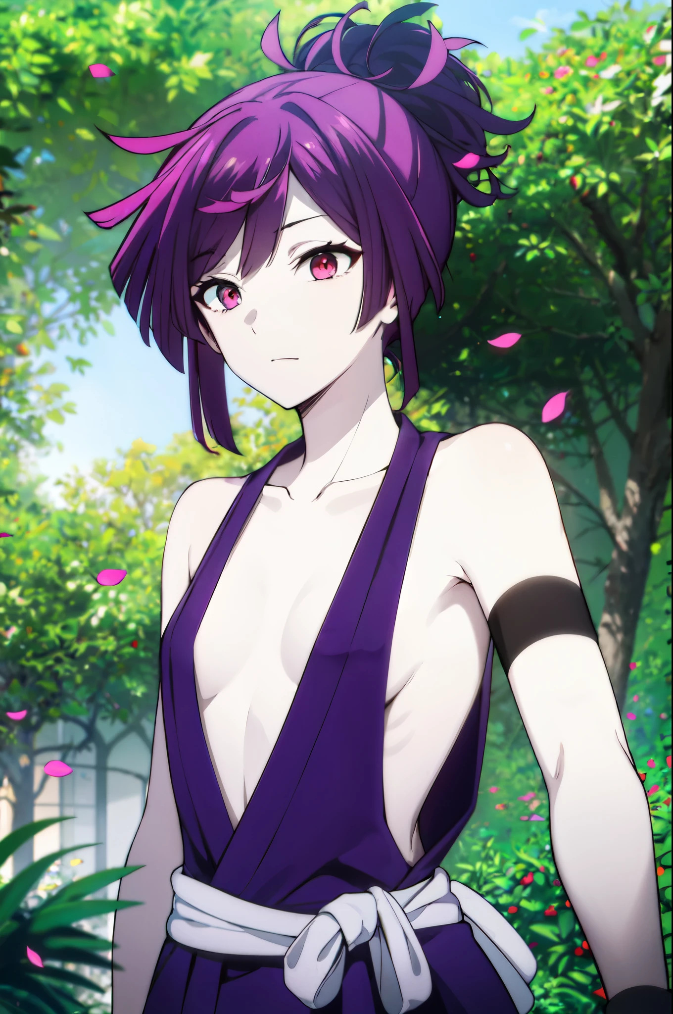 detailed, (masterpiece:1.2), (pale_skin:1.2), (solo:1.2), (female), (emphasis lines:1.3), slender, (purple hair), outdoors, sky, (armbands), bare shoulders, collarbone, bracelets, purple eyes, leaves, trees, bangs, kunoichi outfit, ponytail