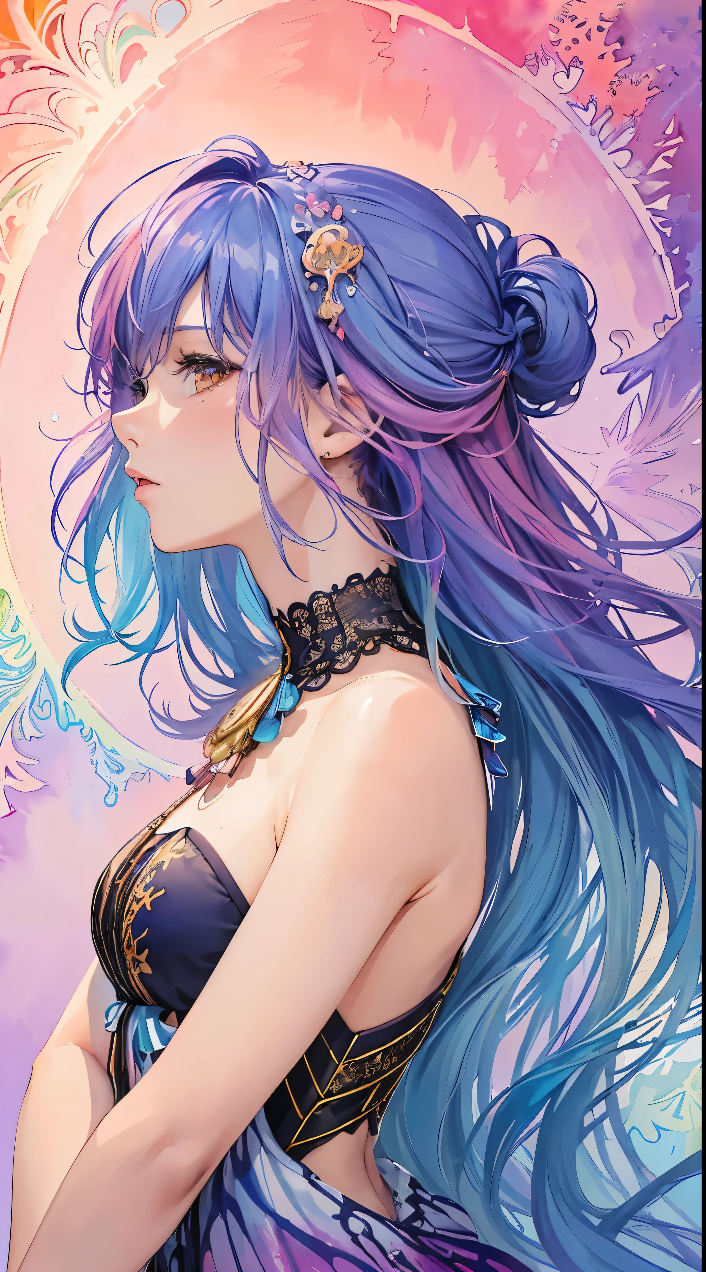 (8K,masterpiece, highest quality, highest quality,watercolor (Moderately),official art, beautiful and aesthetic:1.3),(1 girl:1.3), (fractal art:1.5),Upper body, From the side, looking at the viewer,pattern,(rainbow color hair,colorful hair,half blue and half pink hair:1.2),water,liquid, cloud,colorful, Starry,premiere,Rea