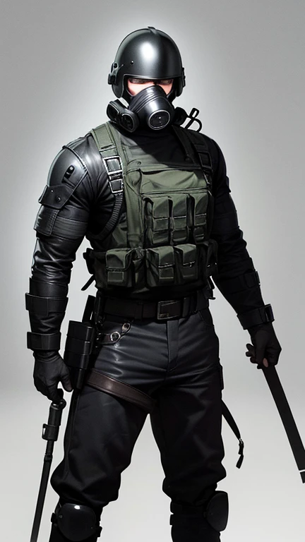 Muscular, Man, Black Military Helmet, Black military gas mask, black military uniform, black military armor, black military jeans, black military boots, holding fist
