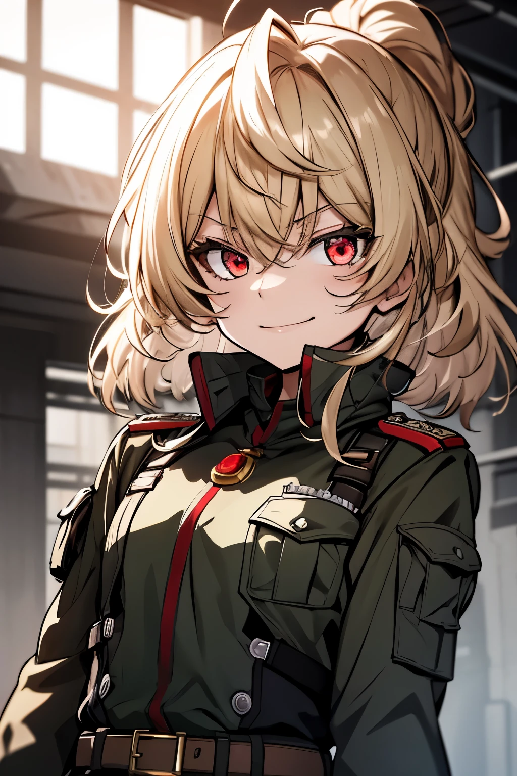 (masterpiece, best quality: 1.1), 1girl solo, tanya, 1girl, solo, , flat chest, small breasts, curvy, military, military uniform, ,, evil smile, wicked expression, anger, red eyes, neutral lighting