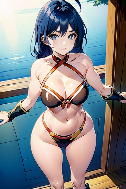 masterpiece, high resolution, best quality, beautiful art, 1 woman, solo, Xiangling, 30 years old, grown up, big breasted, cleavage, loose long hair, full body, wearing a Tyris Flare outfit, sexy bikini, plump, alluring body, sexy legs, thighs and hips, smiling joyfully, looking at the viewer, flirting, dancing seductively, beach environment