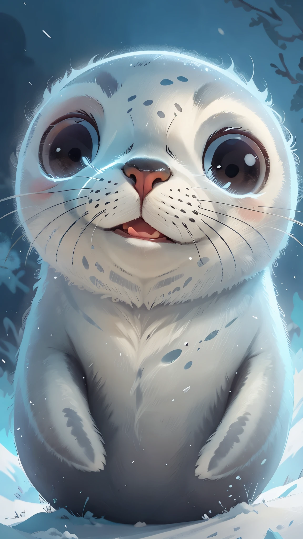 1 cute seal，front view，close up, Pixar style, best quality, stills, very cute, big eyes,  ，open mouth，Very happy，，Antarctica，high detail，Super details，high quality, masterpiece, precise, 