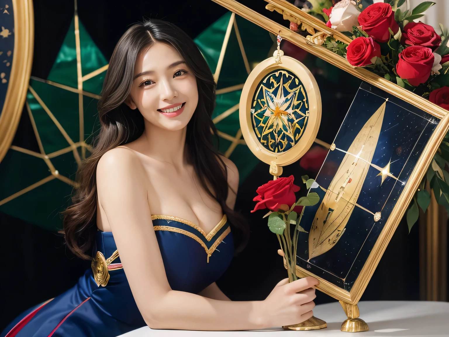 Geometry,stain glass,12 zodiac signs,Vigée Leblanc style,Math、Astronomical utensils,astronault,Roses in a vase,fruits,cute little,A smile,Ancient Greek costumes,Paintings by Sandro Botticelli,Costume with stretched shoulders,huge smile,large full breasts,Ecstasy expression,A sexy,Beautiful bare skin,Cute smile