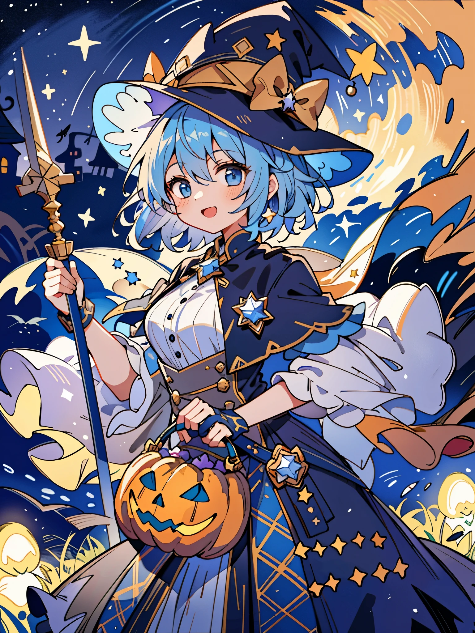 ((masterpiece:1.2, best quality)), 1girl, solo, (witch hat), a close up of a girl with curl hair, short hair, dress, aurora, night, star (sky), gloves, sky, dress, night sky, open mouth, starry sky, light blue eyes, ribbons, smile, cape, blue hair, magic, casting spell, night, (impressionism:1.4), alphonse mucha, Halloween colors, colorful candy