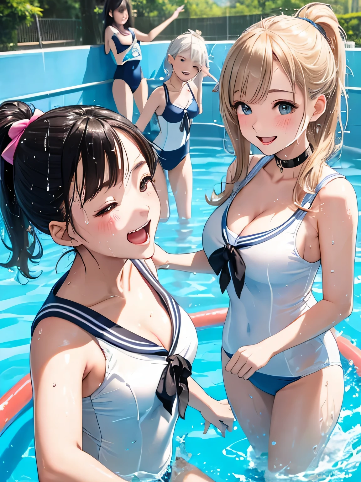 highest quality、High resolution、8K、Beautiful age girl、(three women)、sailor school swimsuit,(white sailor collar)、Wet、Whole body gets Wet、water play spot、water play slide、water play event、sexual expression、smile、ponytail、flashy hair color、Show 1'~ side、emphasize cleavage、Water each other、laughter