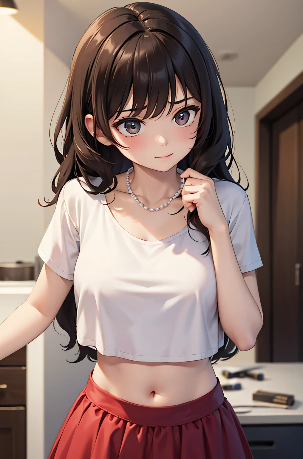 super fine illustration, vibrant colors, masterpiece, sharp focus, best quality, depth of field, cinematic lighting, ultra detailed, collarbone, t shirt, short sleeves, MILF, 1 woman, solo, midriff, tummy, belly button, large navel, kitchen, ceiling, close up, looking down, medium breasts, curly hair, long hair, low waist, long skirt,  pearl necklace, makeup, dark brown hair, annoyed, from below
