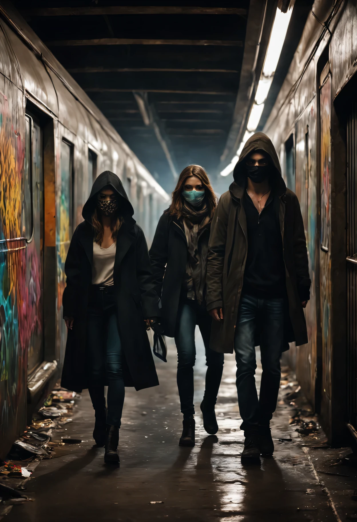 (best quality,4K,high resolution,masterpiece:1.2),Super detailed,actual,Abstract,portrait,dark,mystery,Dynamic,underground,assassin brothers and sisters,Metro tunnels,bloody encounter,illuminated by dim, flickering lights,Shadows are dancing,sharp focus,high contrast,expressive brush strokes,Ominous atmosphere,bright colors,Emotional,full of tension,fluid movement,silhouette,Reveal their deadly skills,Subtle hint of danger,Faint footsteps,Distant footsteps echo,The rhythm of their intermittent heartbeats,adrenaline rush,Haunting and unforgettable beauty,tough and raw,Elegant yet fierce,face covered by mask,There was a sparkle of determination in his eyes,Weapons gleamed in the pale light,Motion blur and line blur,Smoke swirls in the air,leaving a trail of chaos and destruction,Street art graffiti on wall,Add a touch of rebellion and modernism to rough scenes,Immerse the audience in a surreal world where danger is everywhere.