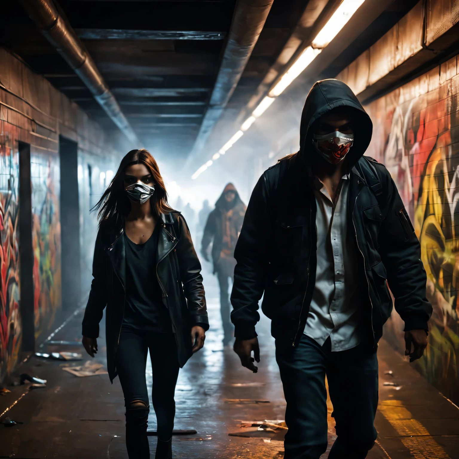 (best quality,4K,high resolution,masterpiece:1.2),Super detailed,actual,Abstract,portrait,dark,mystery,Dynamic,underground,assassin brothers and sisters,Metro tunnels,bloody encounter,illuminated by dim, flickering lights,Shadows are dancing,sharp focus,high contrast,expressive brush strokes,Ominous atmosphere,bright colors,Emotional,full of tension,fluid movement,silhouette,Reveal their deadly skills,Subtle hint of danger,Faint footsteps,Distant footsteps echo,The rhythm of their intermittent heartbeats,adrenaline rush,Haunting and unforgettable beauty,tough and raw,Elegant yet fierce,face covered by mask,There was a sparkle of determination in his eyes,Weapons gleamed in the pale light,Motion blur and line blur,Smoke swirls in the air,leaving a trail of chaos and destruction,Street art graffiti on wall,Add a touch of rebellion and modernism to rough scenes,Immerse the audience in a surreal world where danger is everywhere.
