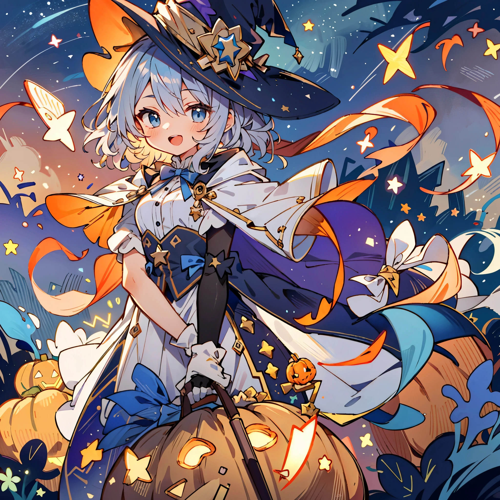 ((masterpiece:1.2, best quality)), 1girl, solo, (witch hat), a close up of a girl with curly hair, dress, aurora, night, star (sky), gloves, sky, dress, night sky, open mouth, starry sky, light blue eyes, ribbons, smile, cape, colorful hair, magic, casting spell, night, (impressionism:1.4), alphonse mucha, Halloween colors, colorful candy, magical lights, pumpkins, candies