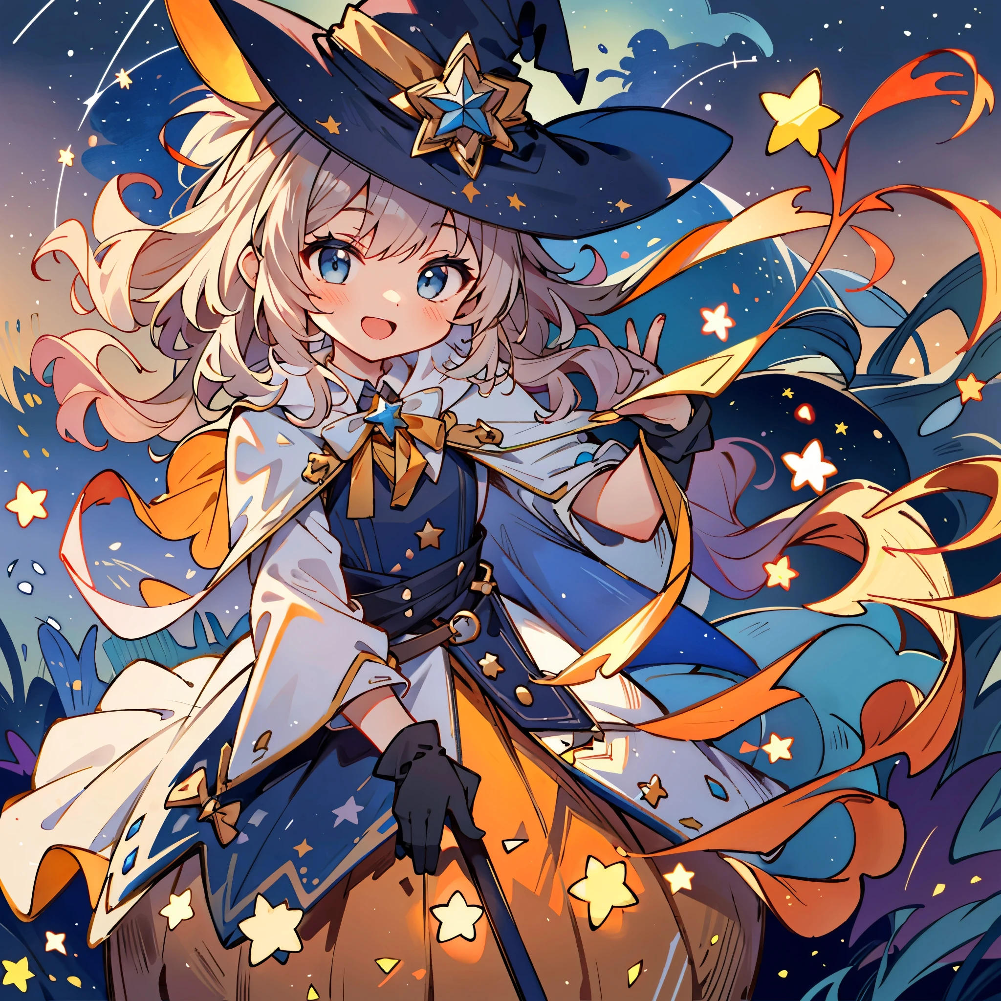 ((masterpiece:1.2, best quality)), 1girl, solo, (witch hat), a close up of a girl with curly hair, dress, aurora, night, star (sky), gloves, sky, dress, night sky, open mouth, starry sky, light blue eyes, ribbons, smile, cape, colorful hair, magic, casting spell, night, (impressionism:1.4), alphonse mucha, Halloween colors, colorful candy, magical lights, pumpkins, candies