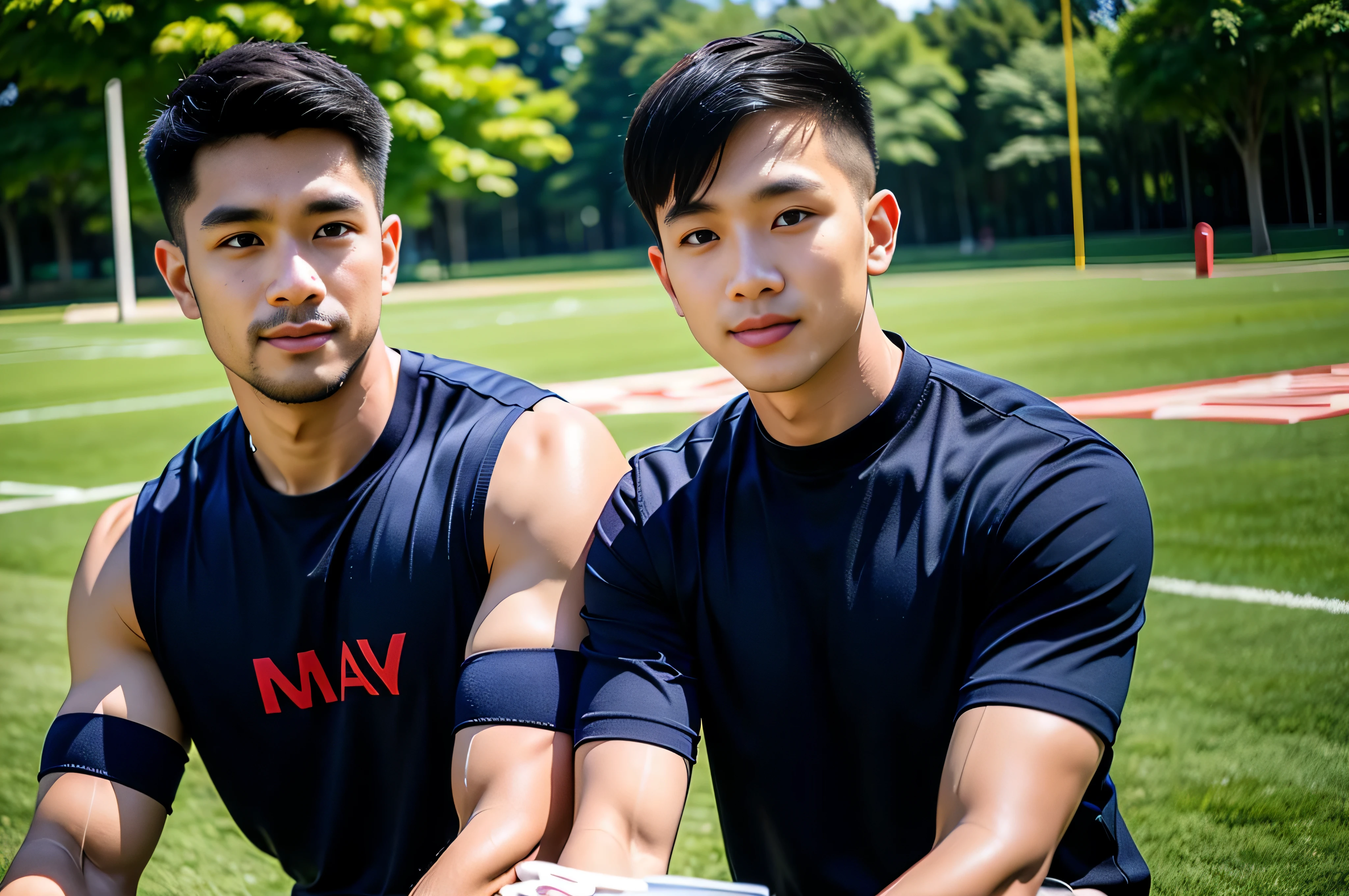 (Create a masterpiece: 1.2), (CGI art:1.3), (realistic:1.5), (After processing:1.3), (Sharp focus:1.3), 1 man, smile, (Wear a navy short-sleeved T-shirt..), short hair, Korea, facial hair, Indonesian, (high glossy details),Pectoral muscles, Big arm muscles, blood vessel, big muscles, Broad shoulders, Sit on the football field..